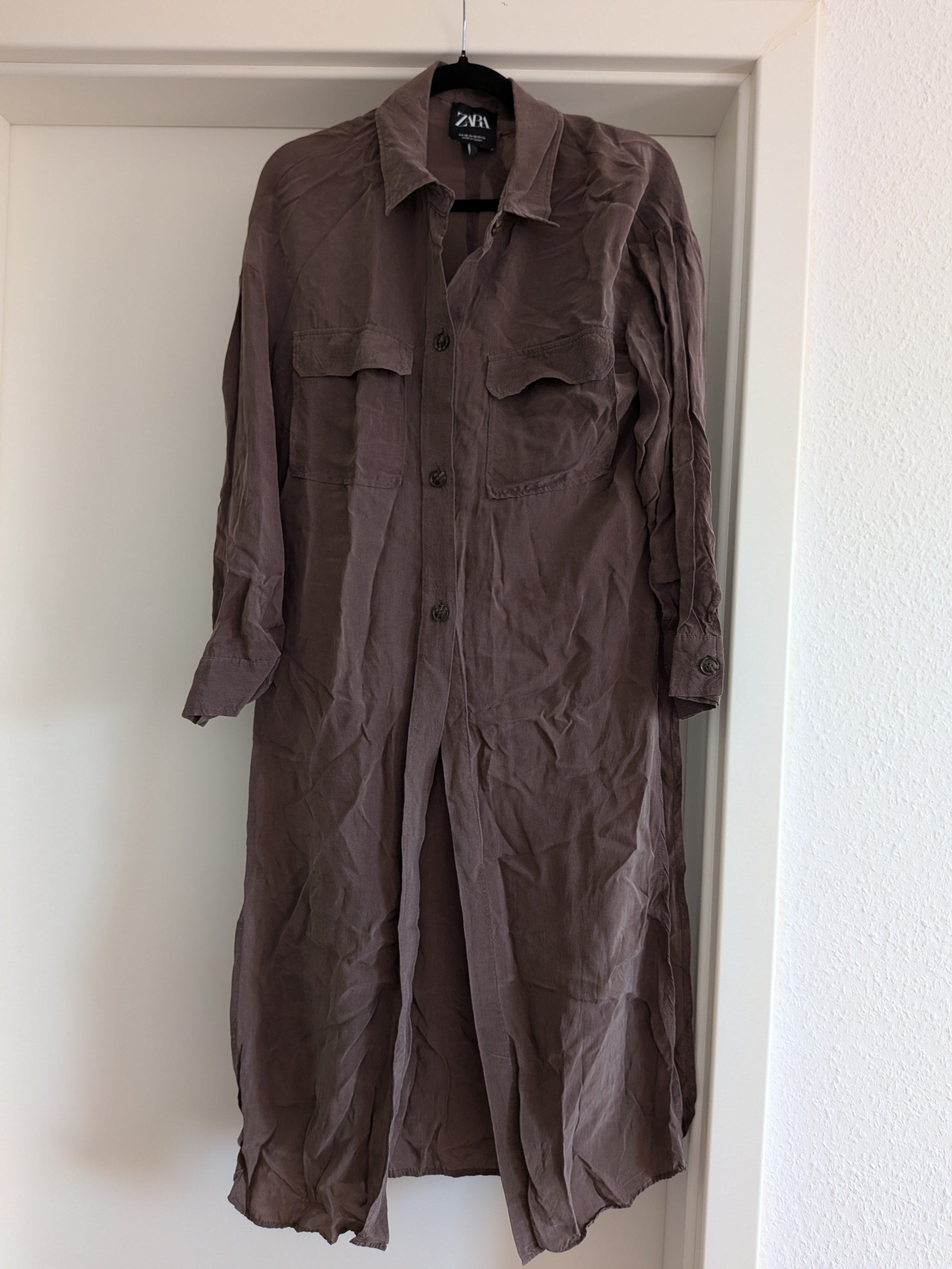 ZARA Button Front Duster Shirt Dress, Chocolate Brown, Size S, Very Good