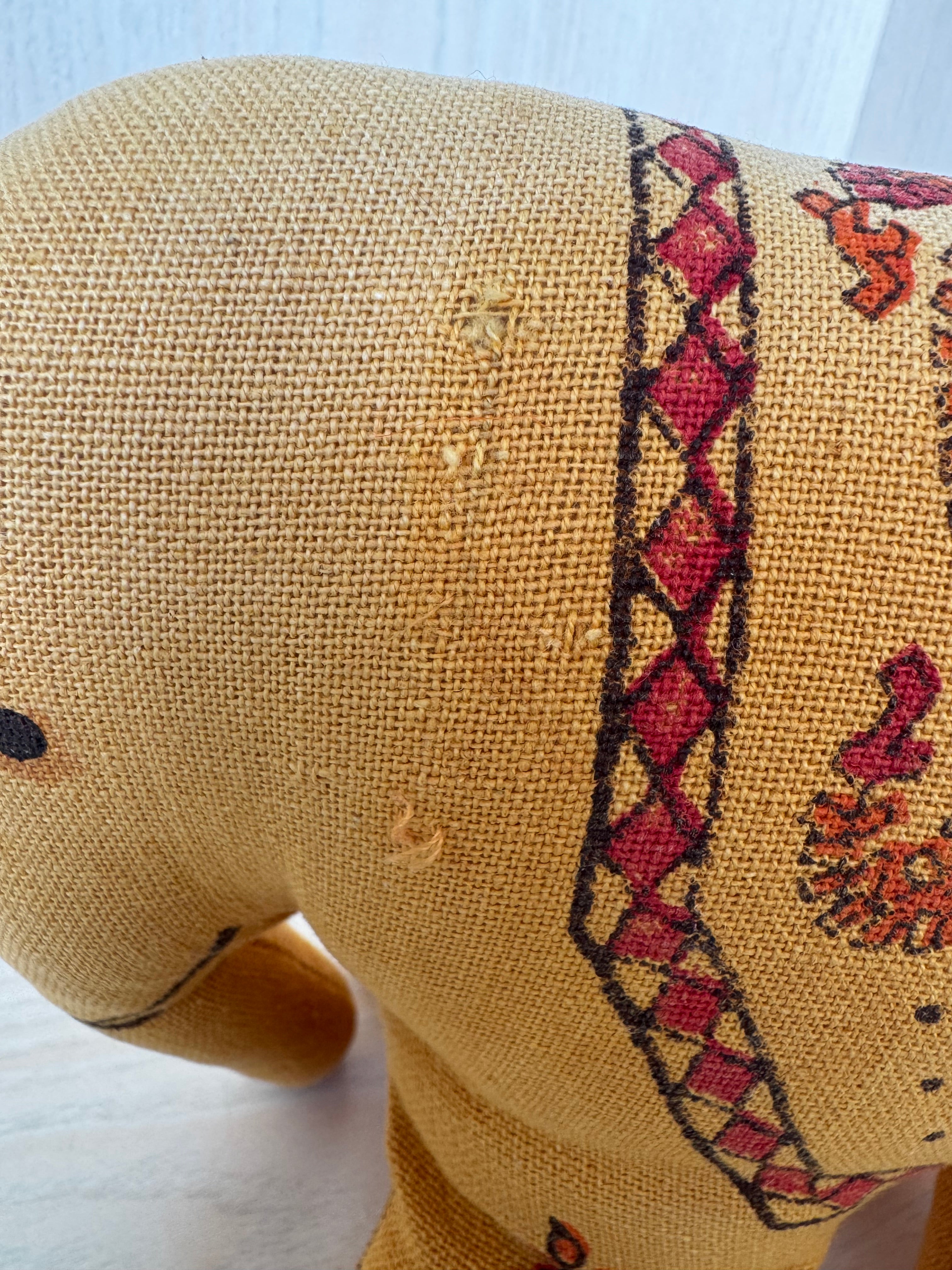 Handcrafted Fabric Elephant Plush Toy, Yellow with Red, 15cm, Good Condition