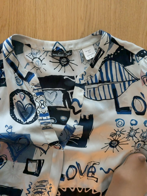 van Laack Silk Blouse Sz 34 | Graphic Print | Blue/White | 100% Silk