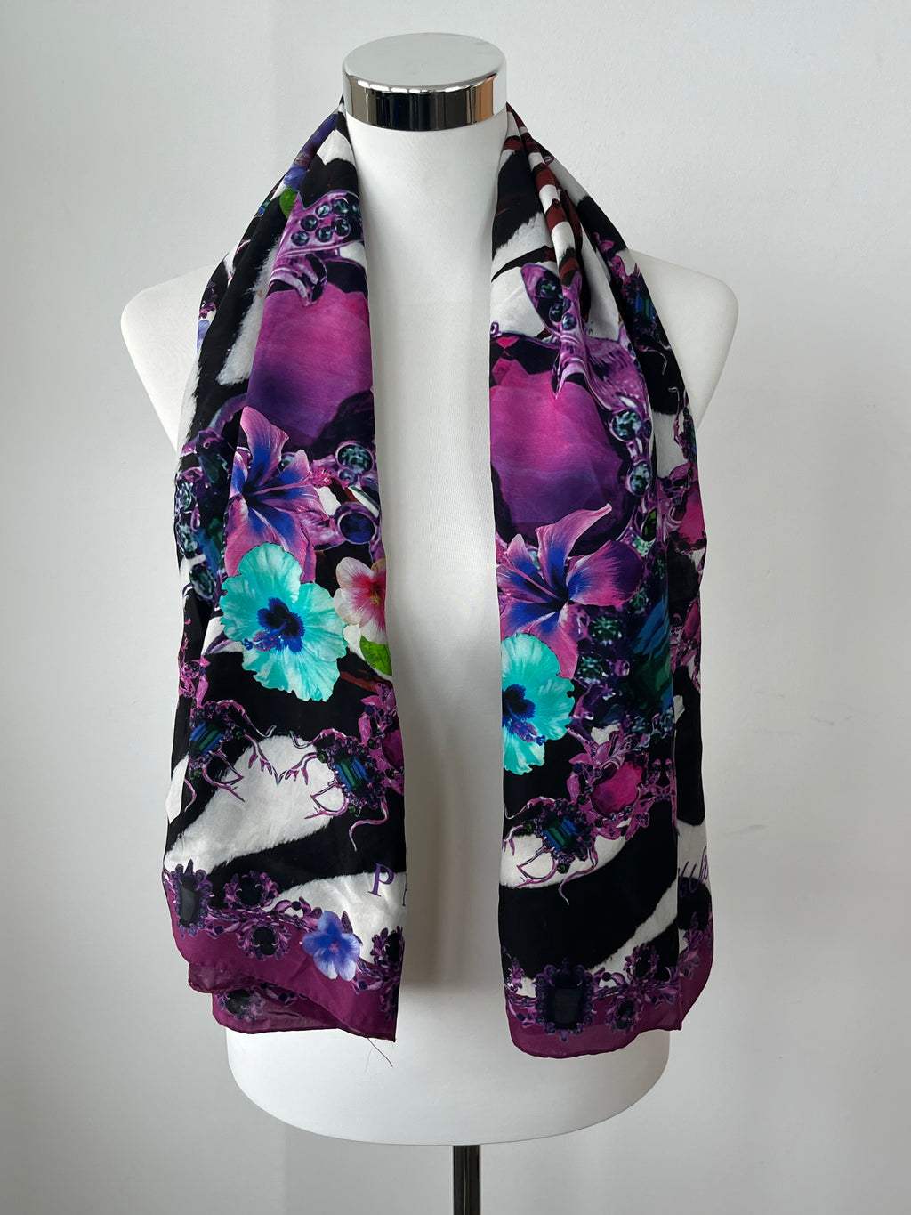 Philipp Plein Silk Scarf Floral Zebra Multicolor 120x120cm Good Condition