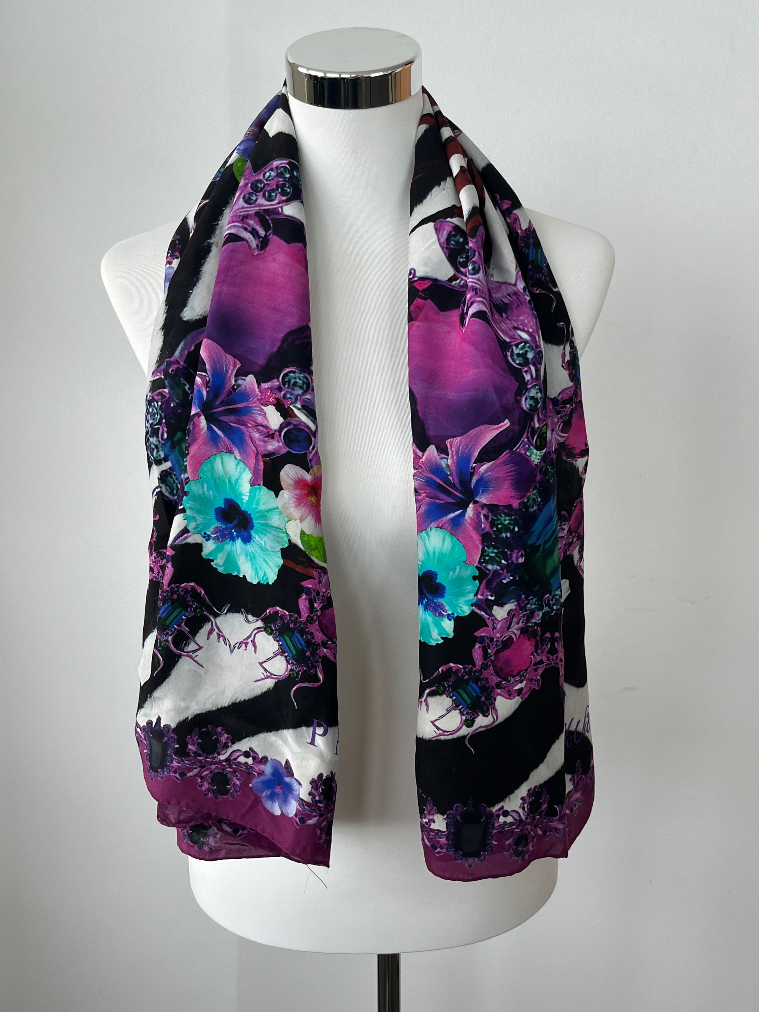 Philipp Plein Silk Scarf Floral Zebra Multicolor 120x120cm Good Condition