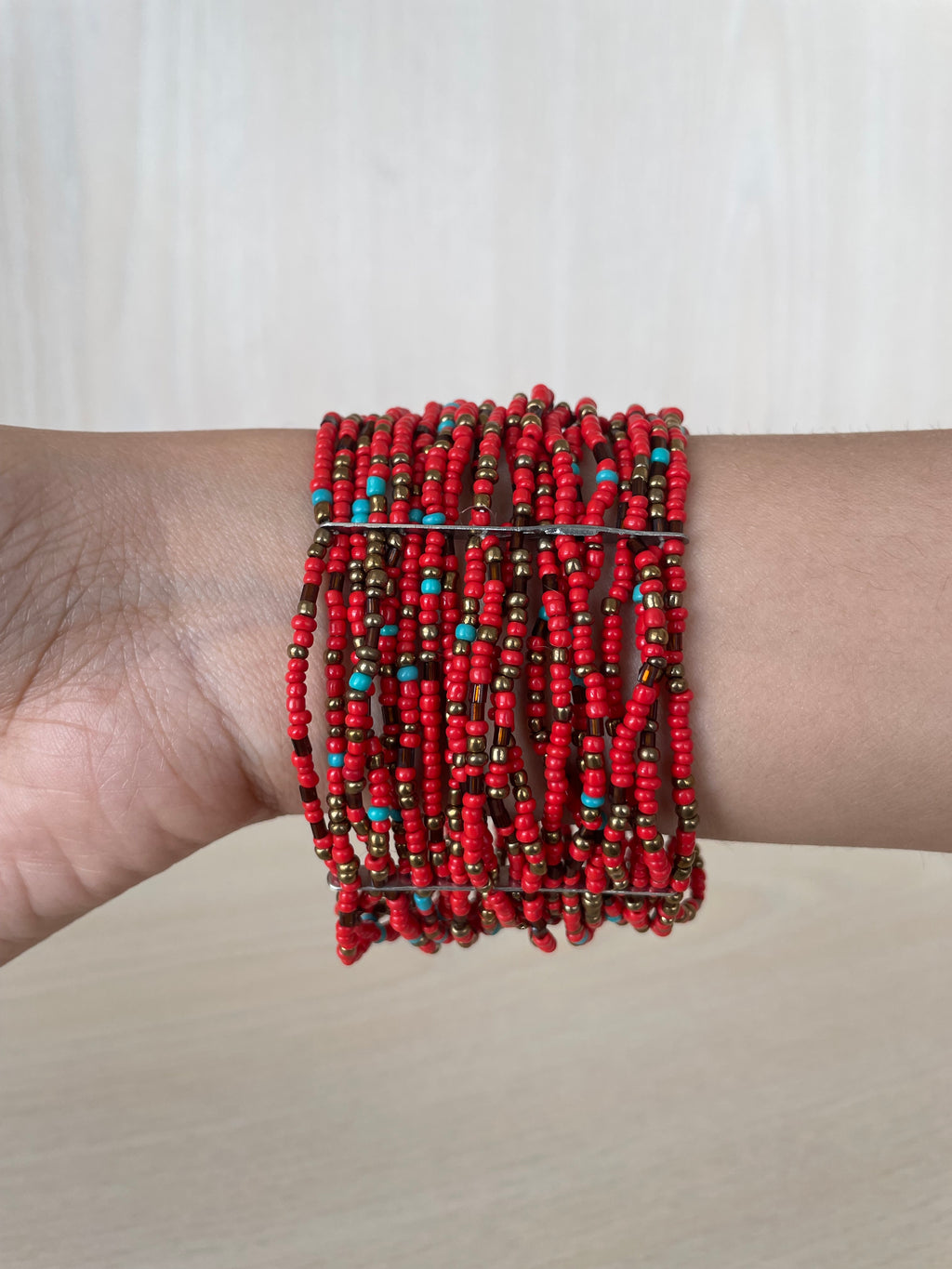 Handmade Otavalo Beaded Cuff Bracelet, Red Coral/Glass, Adjustable, Very Good