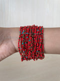 Handmade Otavalo Beaded Cuff Bracelet, Red Coral/Glass, Adjustable, Very Good