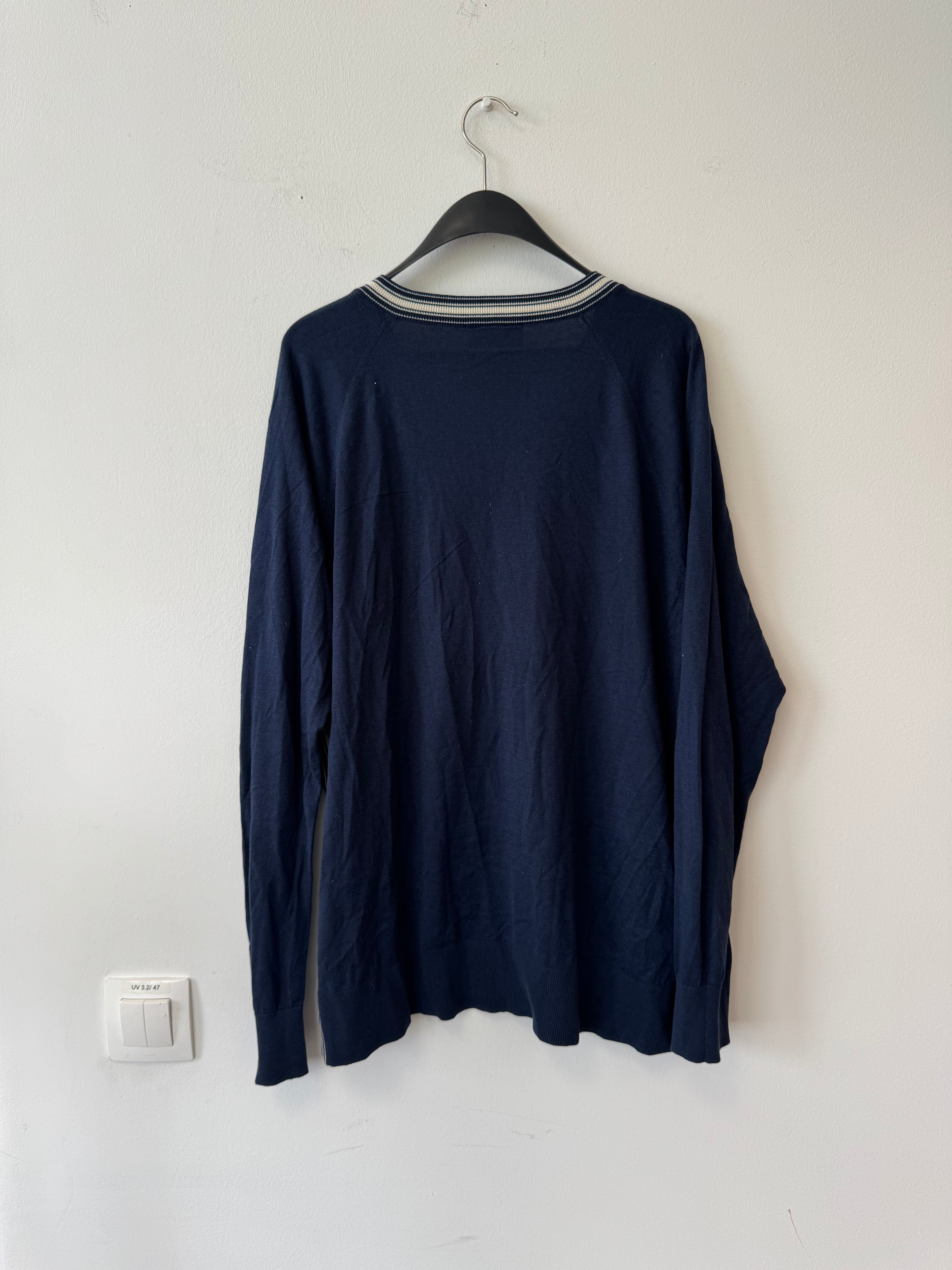 Lacoste Navy V-Neck Sweater, Size 44 (L), Stripe Trim, Good Condition