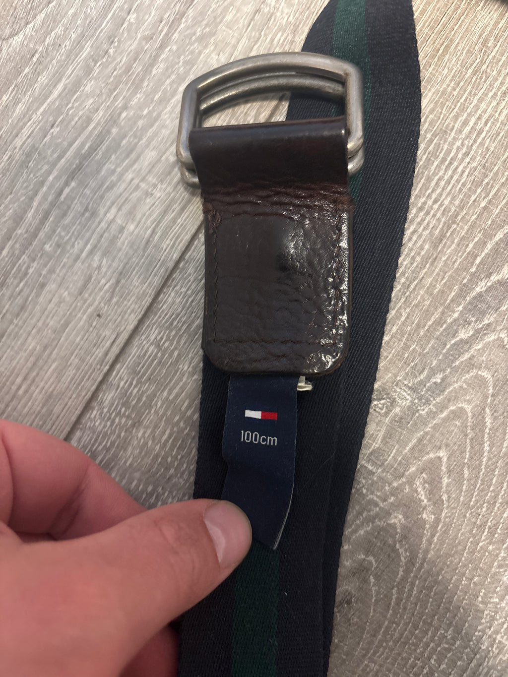 Tommy Hilfiger D-Ring Gürtel 100 cm Schwarz/Grün Leder & Stoff, guter Zustand