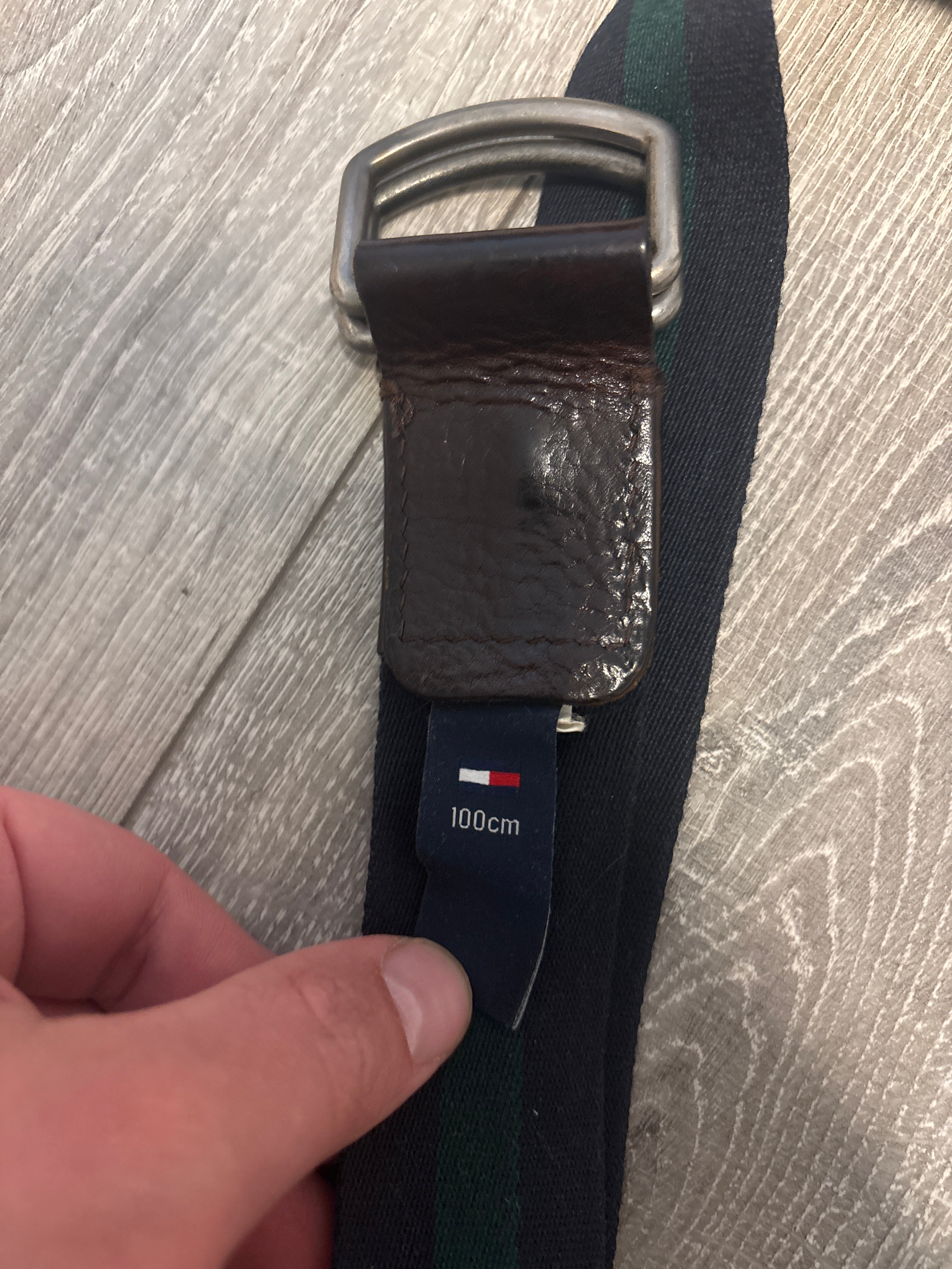 Tommy Hilfiger D-Ring Gürtel 100 cm Schwarz/Grün Leder & Stoff, guter Zustand