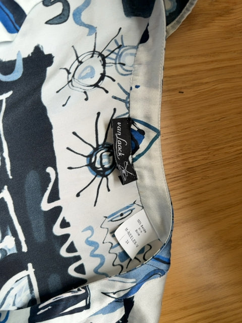 van Laack Silk Blouse Sz 34 | Graphic Print | Blue/White | 100% Silk