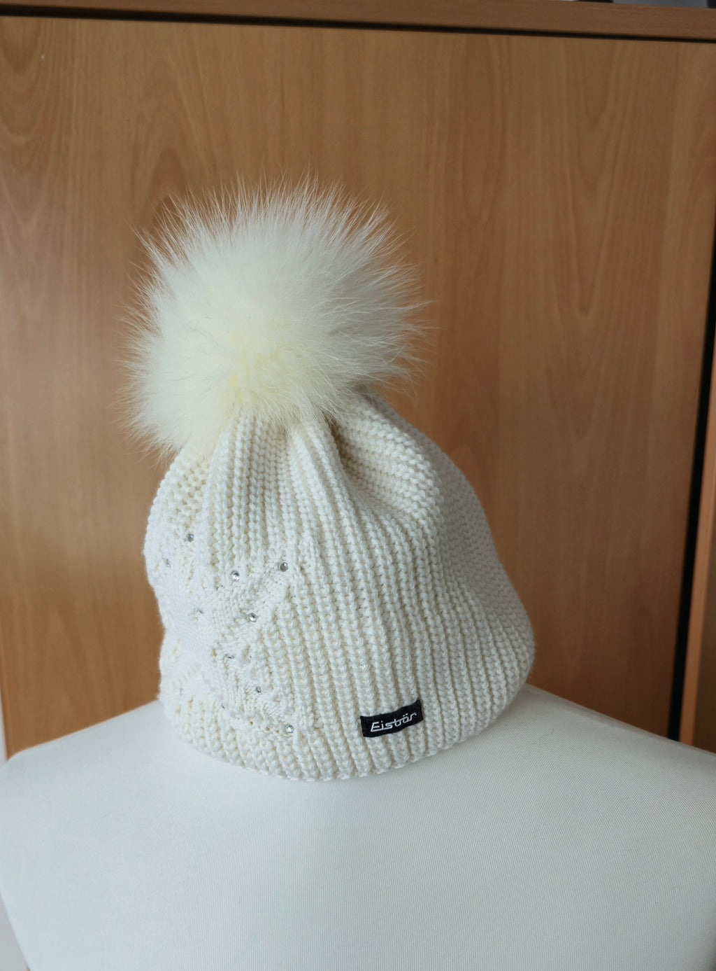 Eisbär Chantal Lux Crystal Beanie – Weiß, Swarovski, Fellbommel, Sehr gut