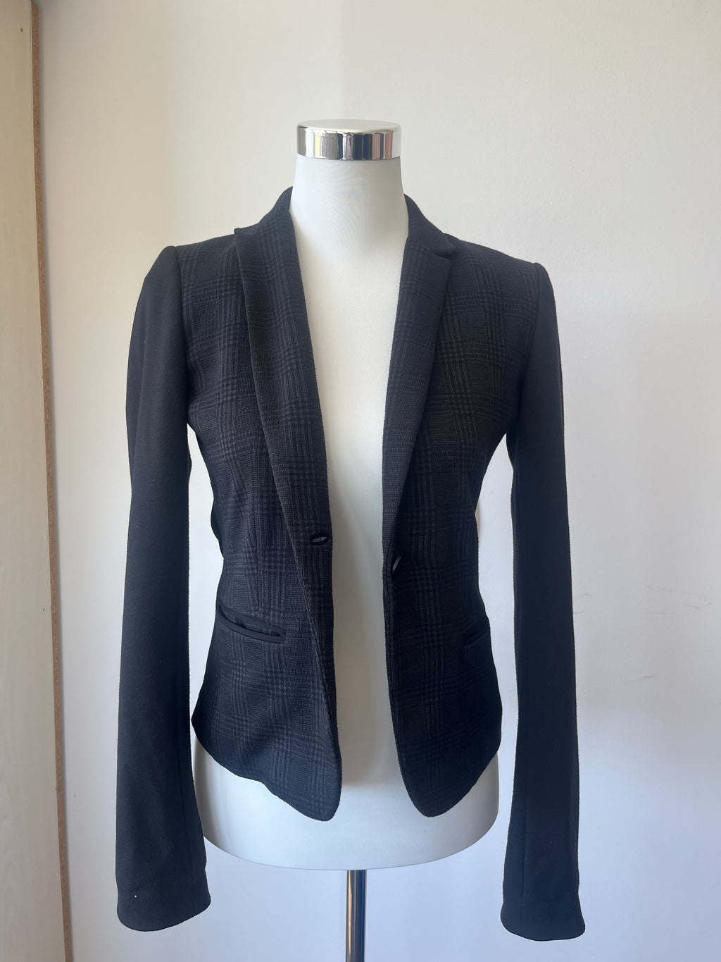 T TAHARI Damen Blazer Schwarz Kariert Ein-Knopf Größe M – Sehr Gut