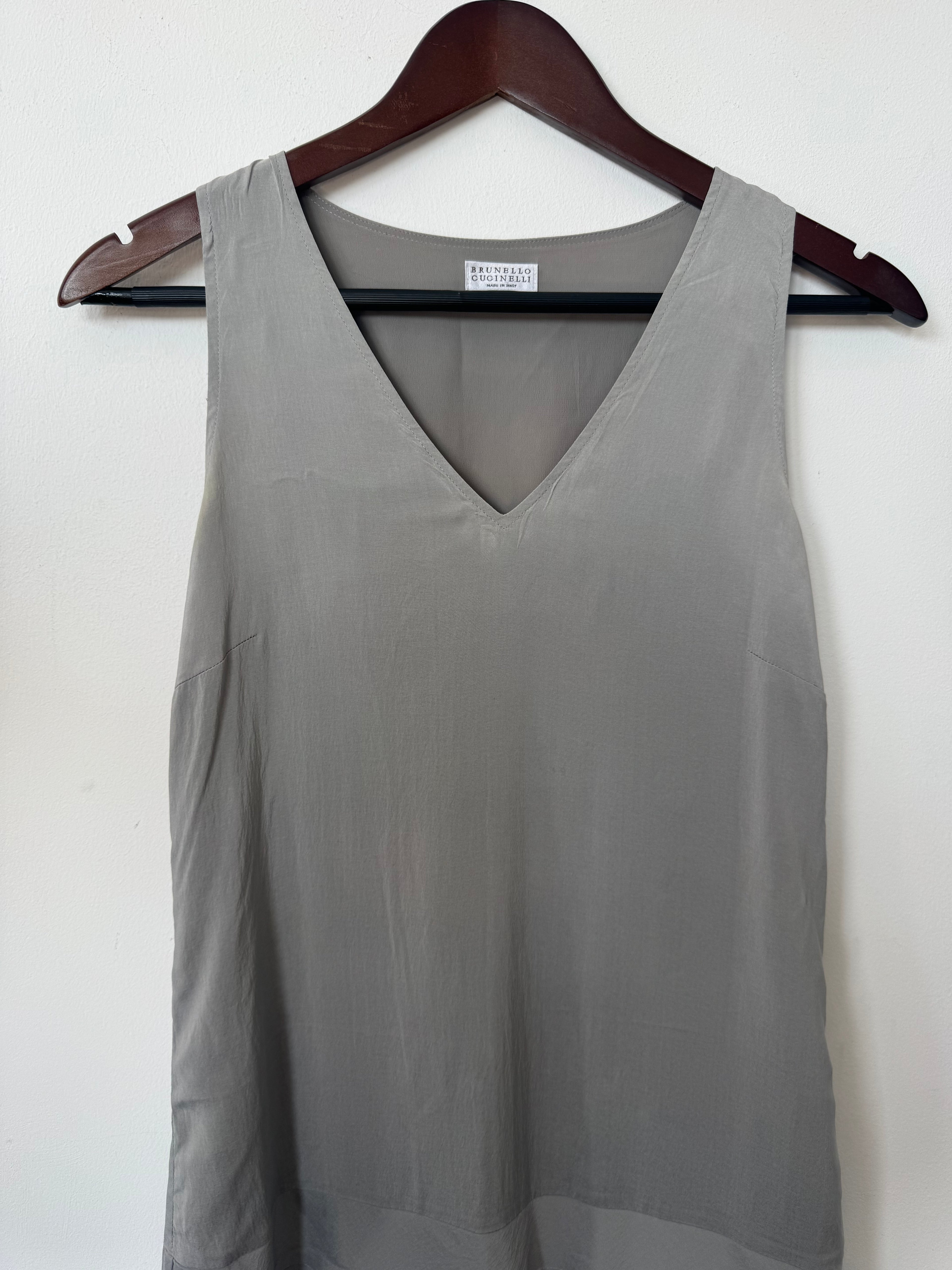 Brunello Cucinelli Silk Blend Sleeveless Shift Dress Light Grey Medium Good