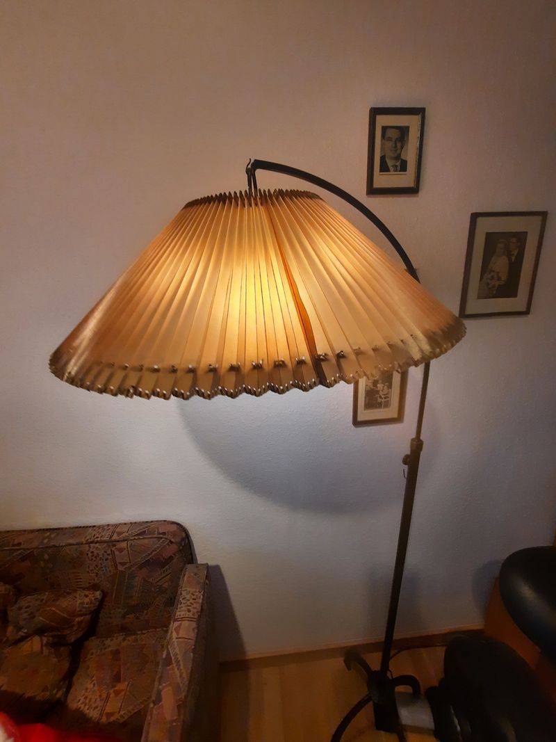 Vintage Brass Arc Floor Lamp, Plisé Shade, Large, Very Good Condition