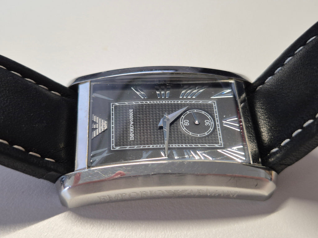 Emporio Armani AR0143 Men’s Rectangular Stainless Steel Watch Black Leather Strap