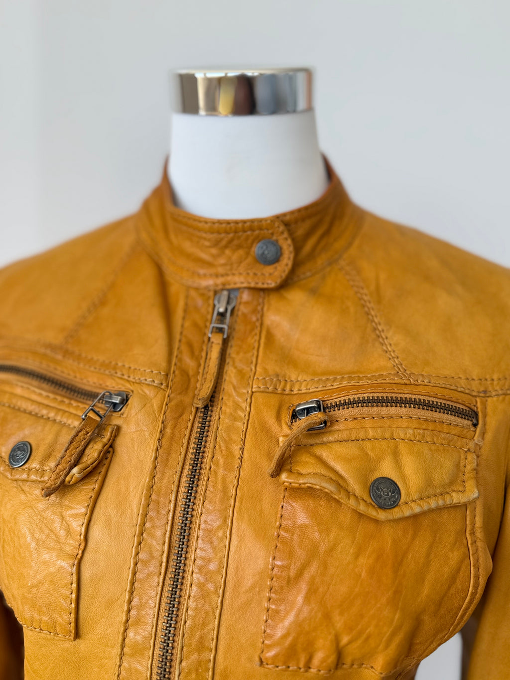 Chevirex Damen Bikerjacke – Echtleder, Gelb, Gr. 36, Guter Zustand