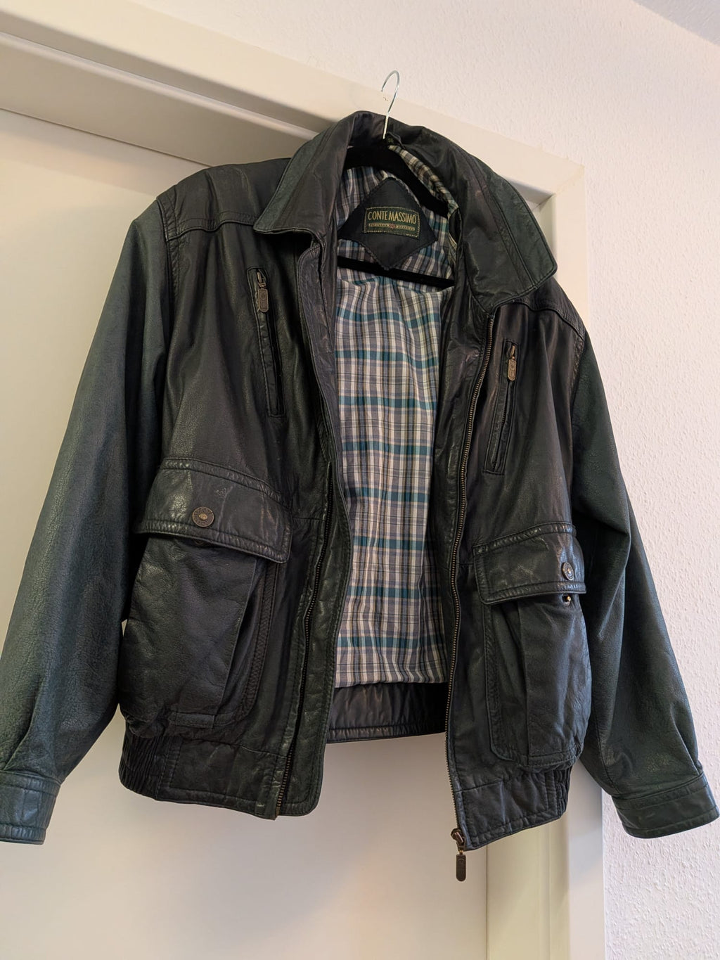 Echtleder Bomberjacke – Conte Massimo – Gr. 50 – Dunkelgrün/Schwarz – Gut