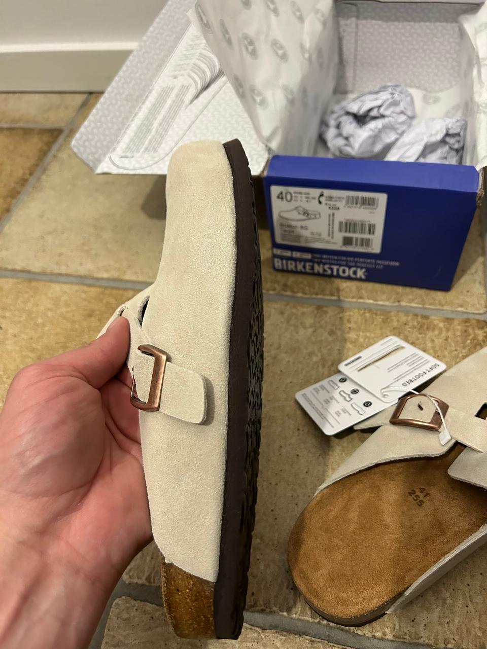 Birkenstock Boston Clogs – Veloursleder, Taupe, Größe 40, Neu