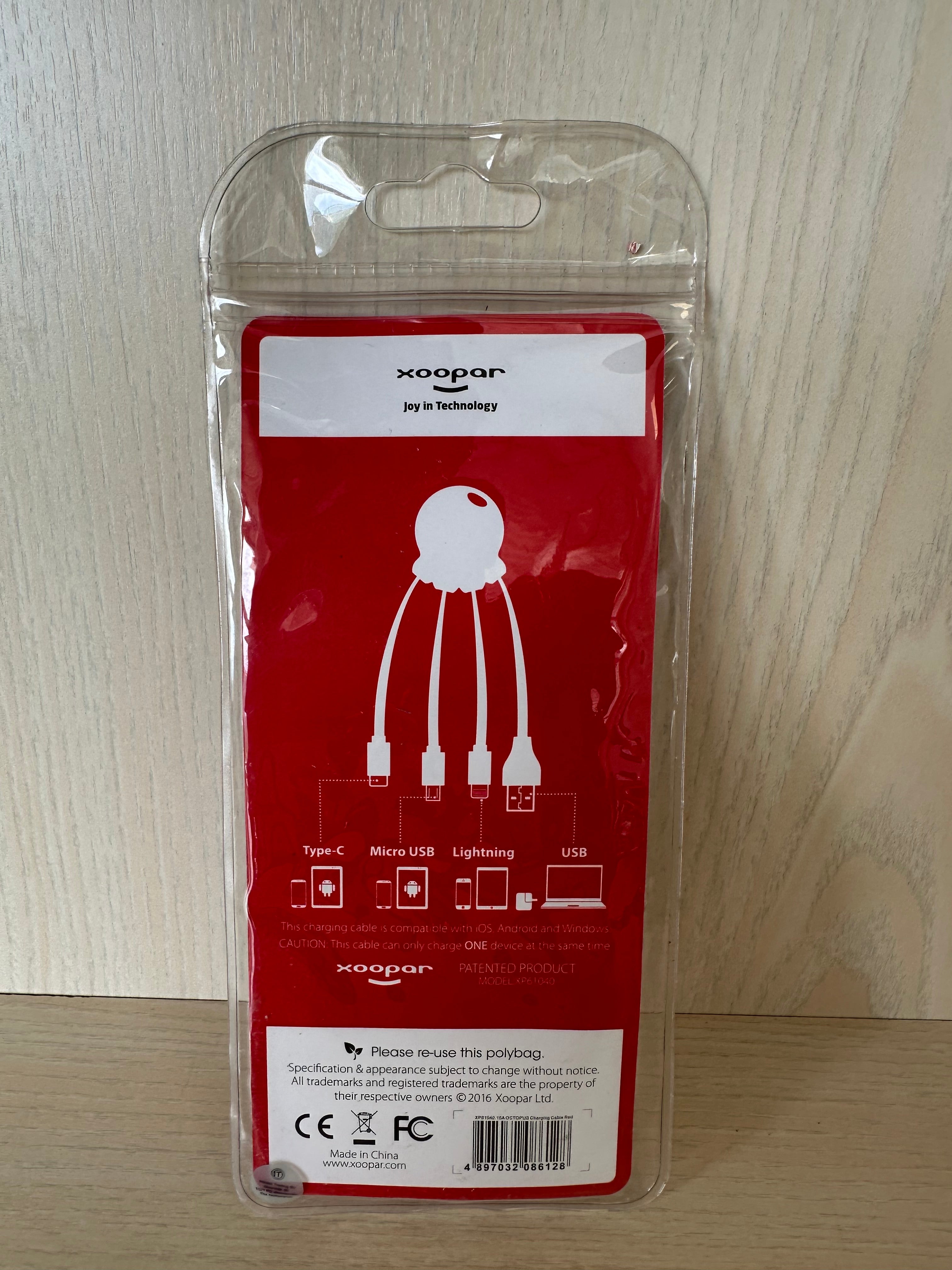 Xoopar Octopus 2 Multi-Charging Cable USB-C/Lightning/Micro-USB Red New Sealed