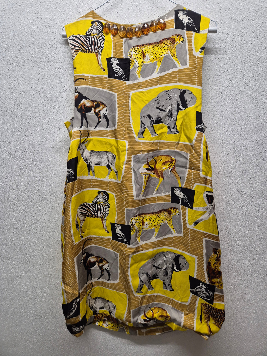 By Malene Birger Silk Animal Print Dress 36 DE Yellow Gray Black Amber Beads Good