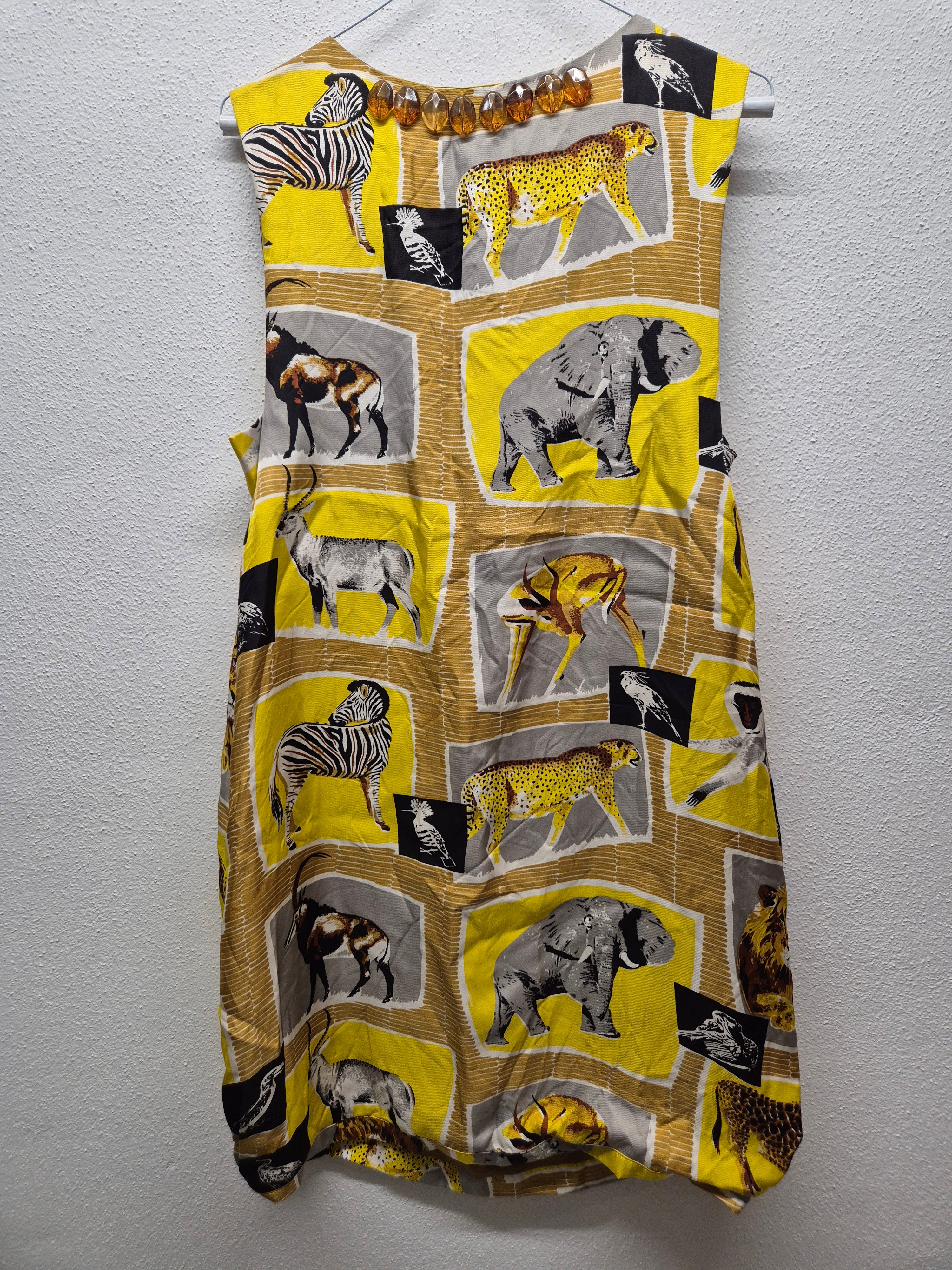 By Malene Birger Silk Animal Print Dress 36 DE Yellow Gray Black Amber Beads Good