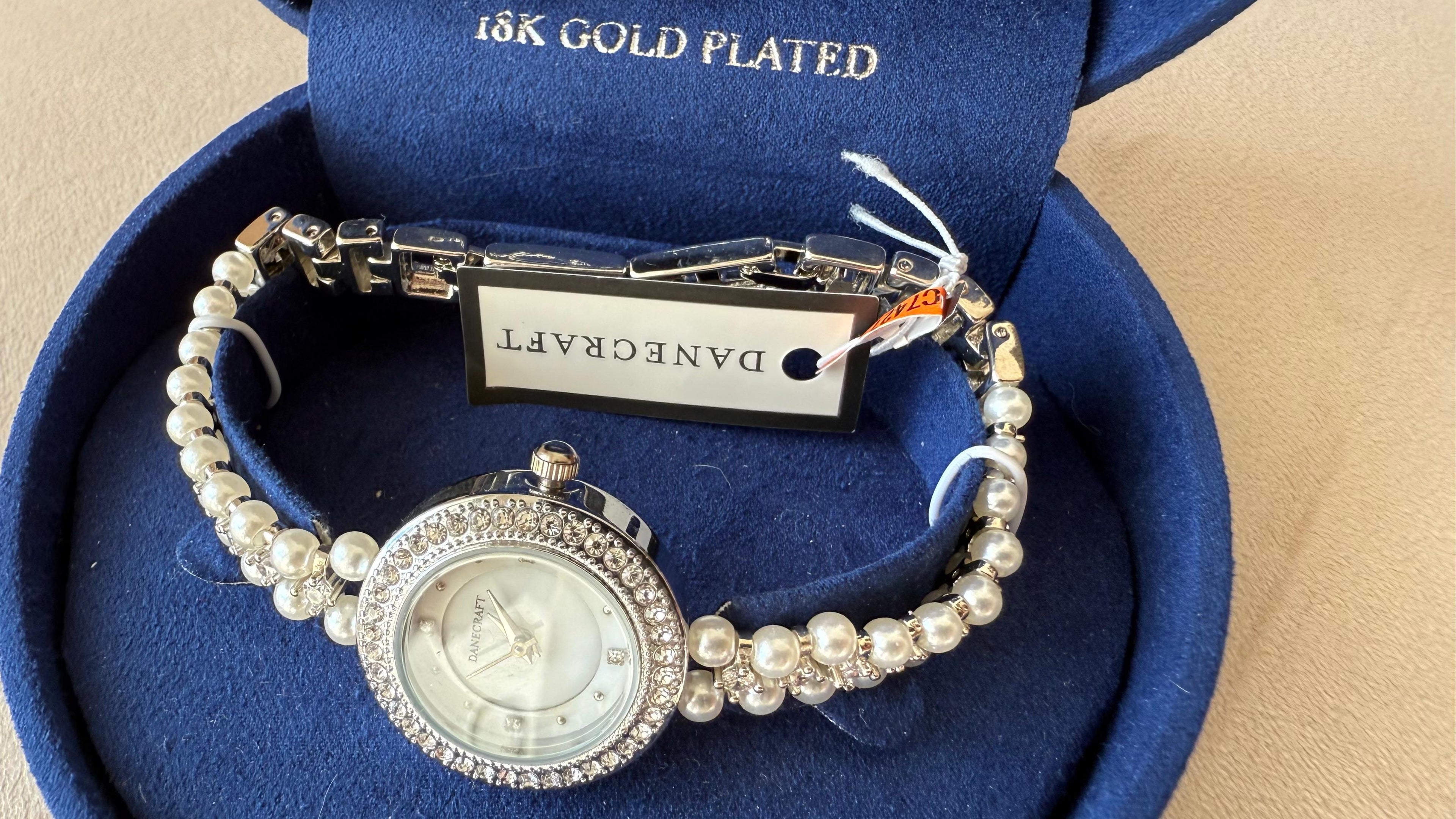 Danecraft Women's Bracelet Watch | Pearl Strap, Crystal Bezel, Gold Plated, VG