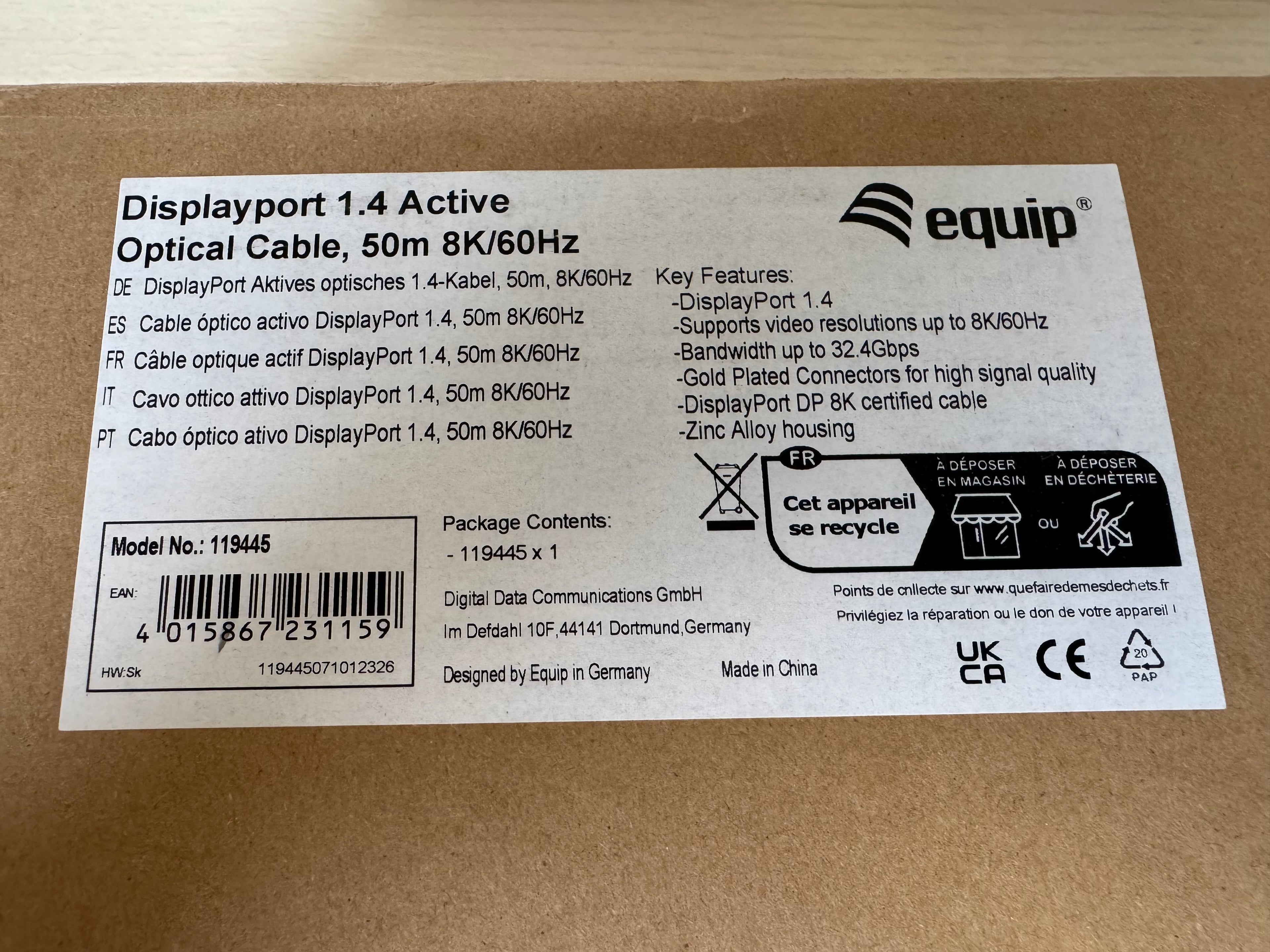 NEU equip DisplayPort 1.4 AOC Kabel 50m 8K/60Hz Schwarz, OVP