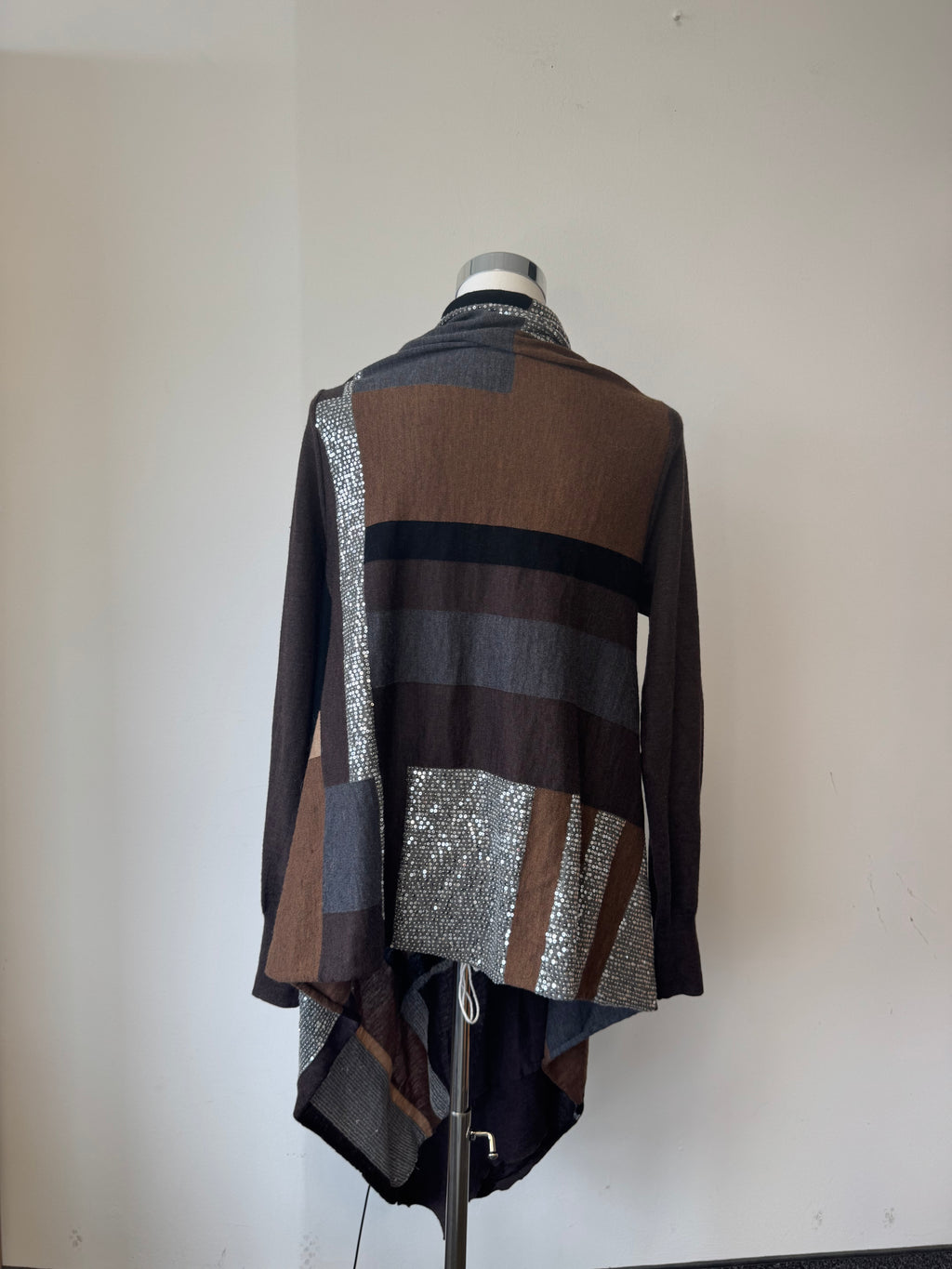 DKNY Color-Block Sequin Open-Front Cardigan Brown/Grey Size S Good Condition