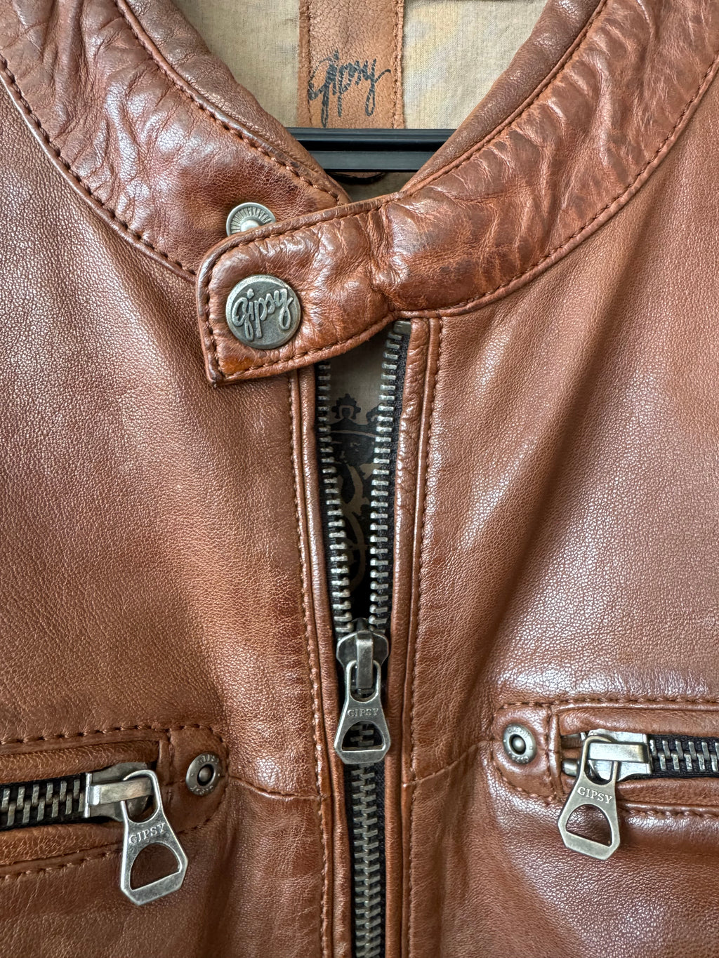 Gipsy Vintage-Style Leather Biker Jacket, Brown, Men’s XL, Good Condition