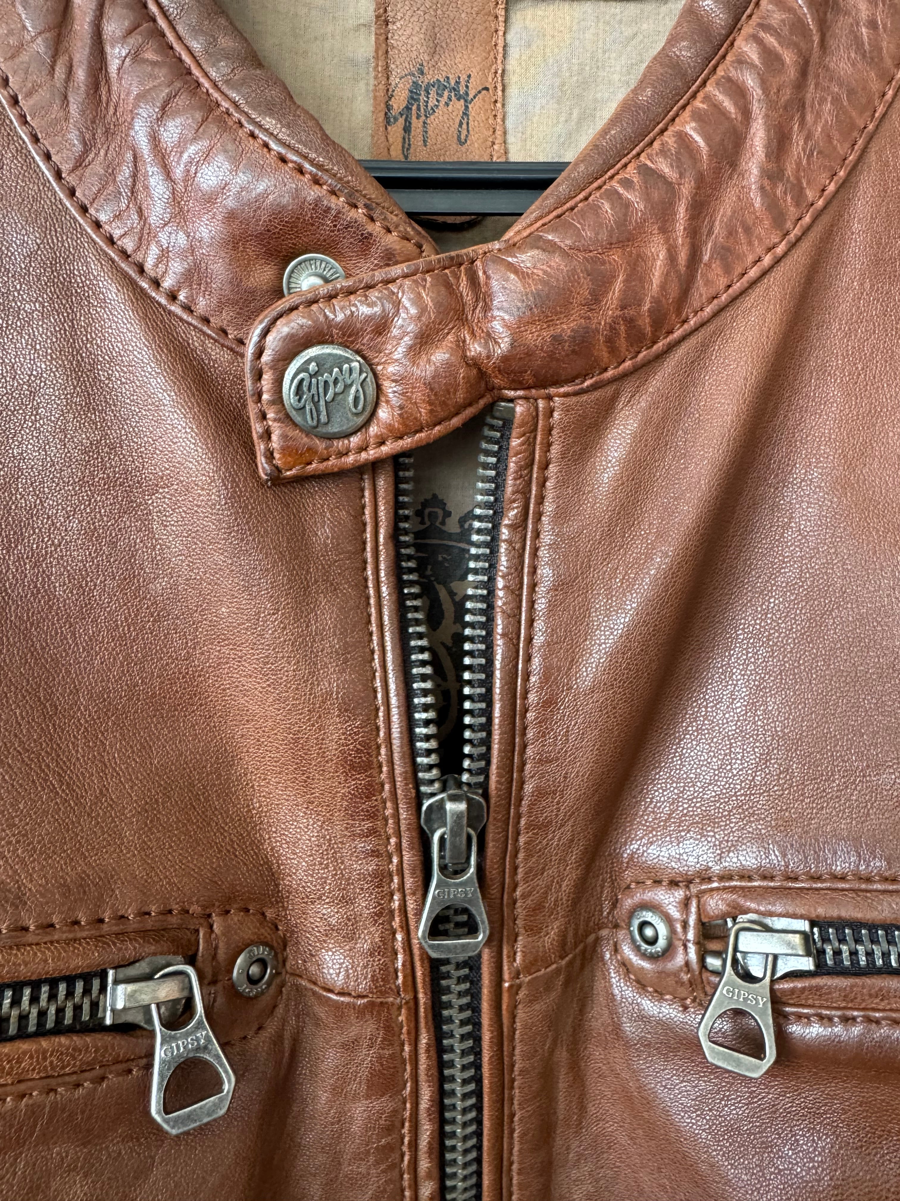 Gipsy Vintage-Style Leather Biker Jacket, Brown, Men’s XL, Good Condition