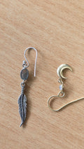 Hand-crafted Labradorite Moon & Feather Earrings, Silver/Gold, Medium, Very Good