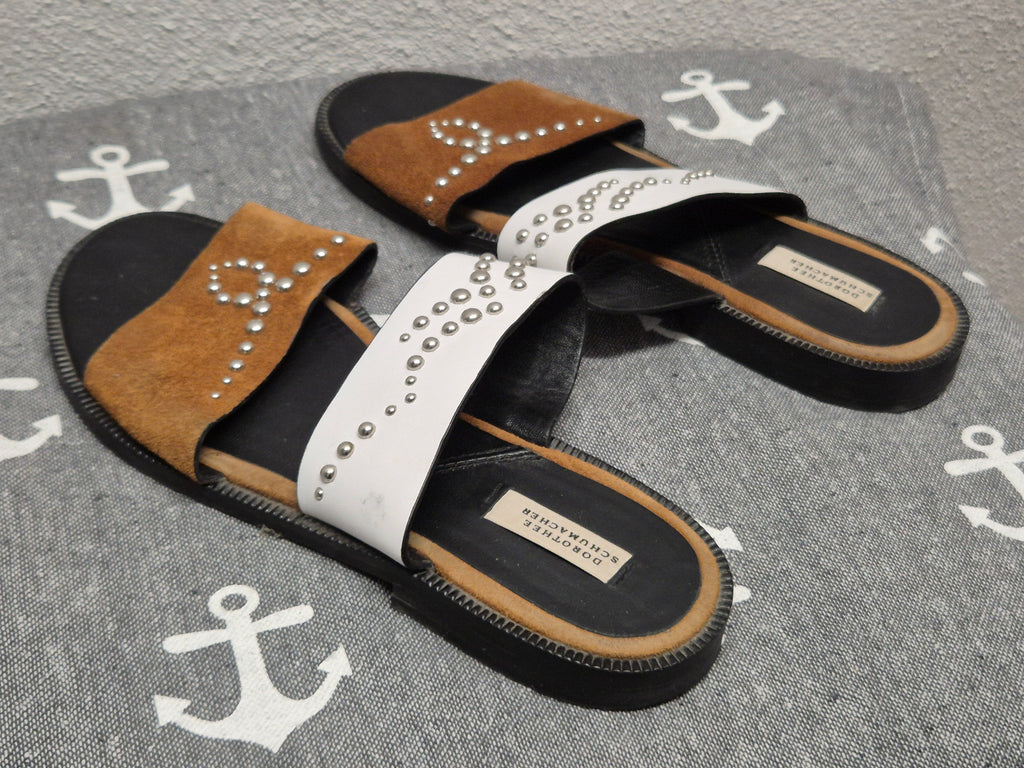 Dorothee Schumacher Studded Slide Sandals – Leather/Suede, White/Brown, EU 37, Good