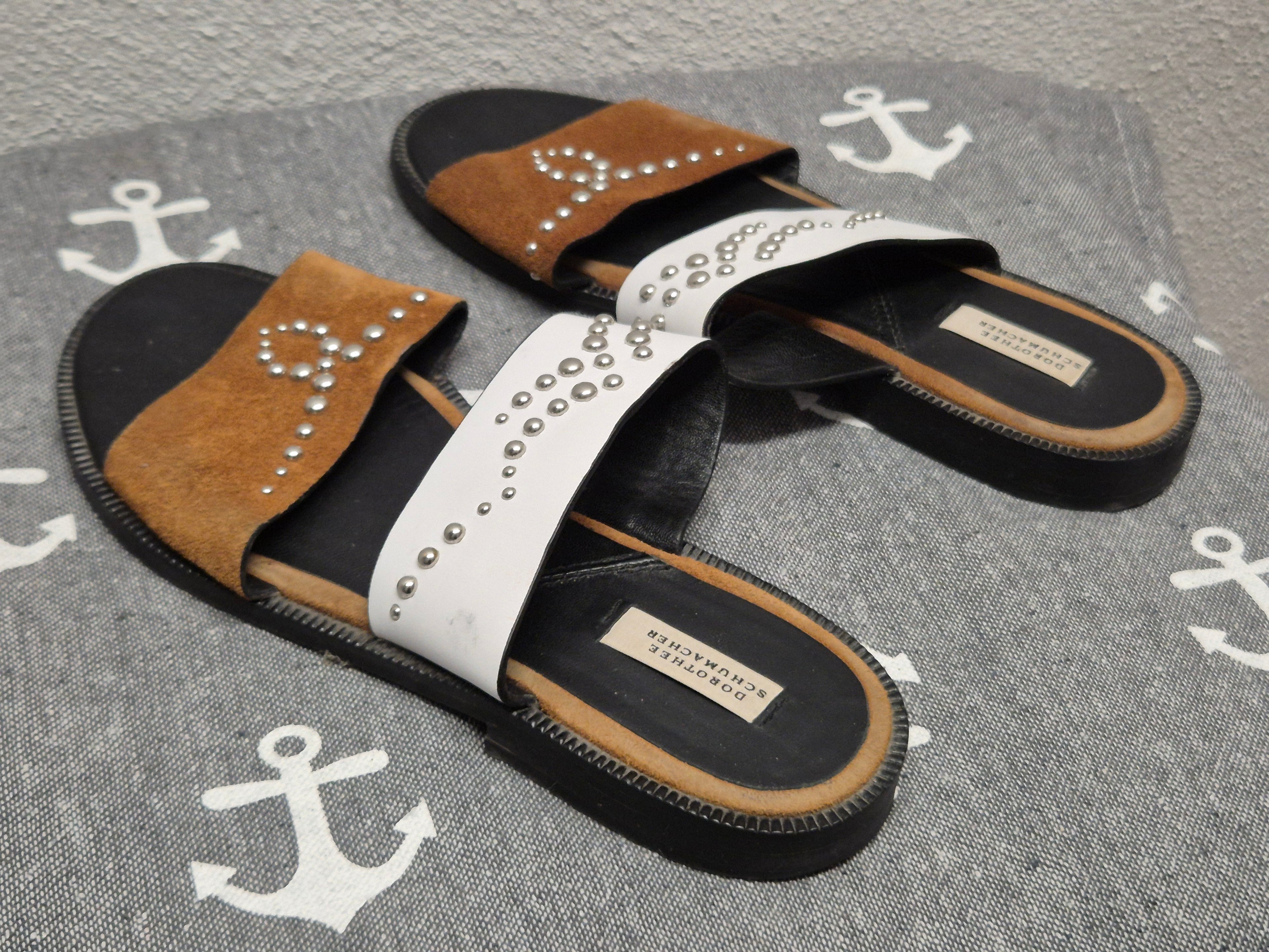 Dorothee Schumacher Studded Slide Sandals – Leather/Suede, White/Brown, EU 37, Good