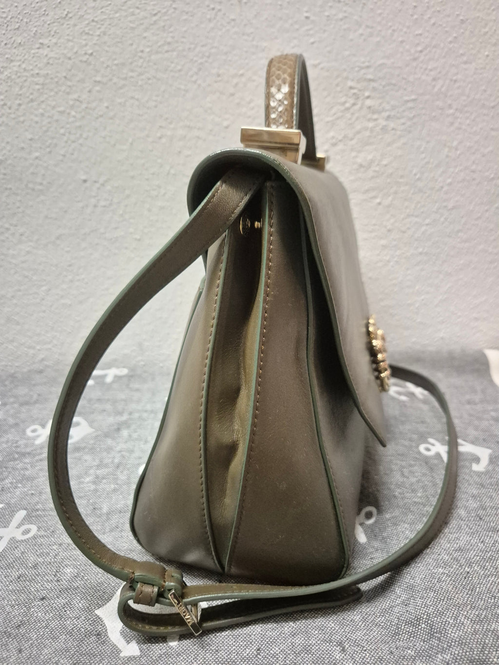 Roberto Cavalli Serpentine Bag, Olive Leather, Python Handle, Medium, Good