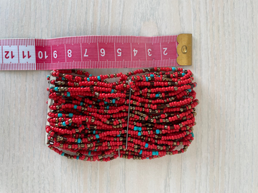 Handmade Otavalo Beaded Cuff Bracelet, Red Coral/Glass, Adjustable, Very Good