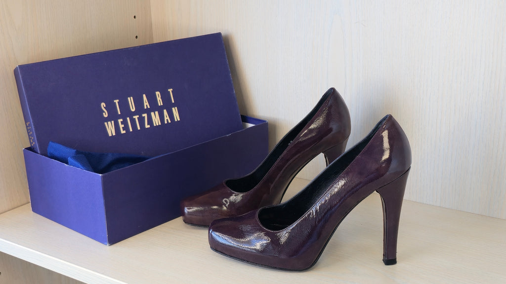 Stuart Weitzman Fever Pumps – Patent Leather, Burgundy, Size 38, Good Condition