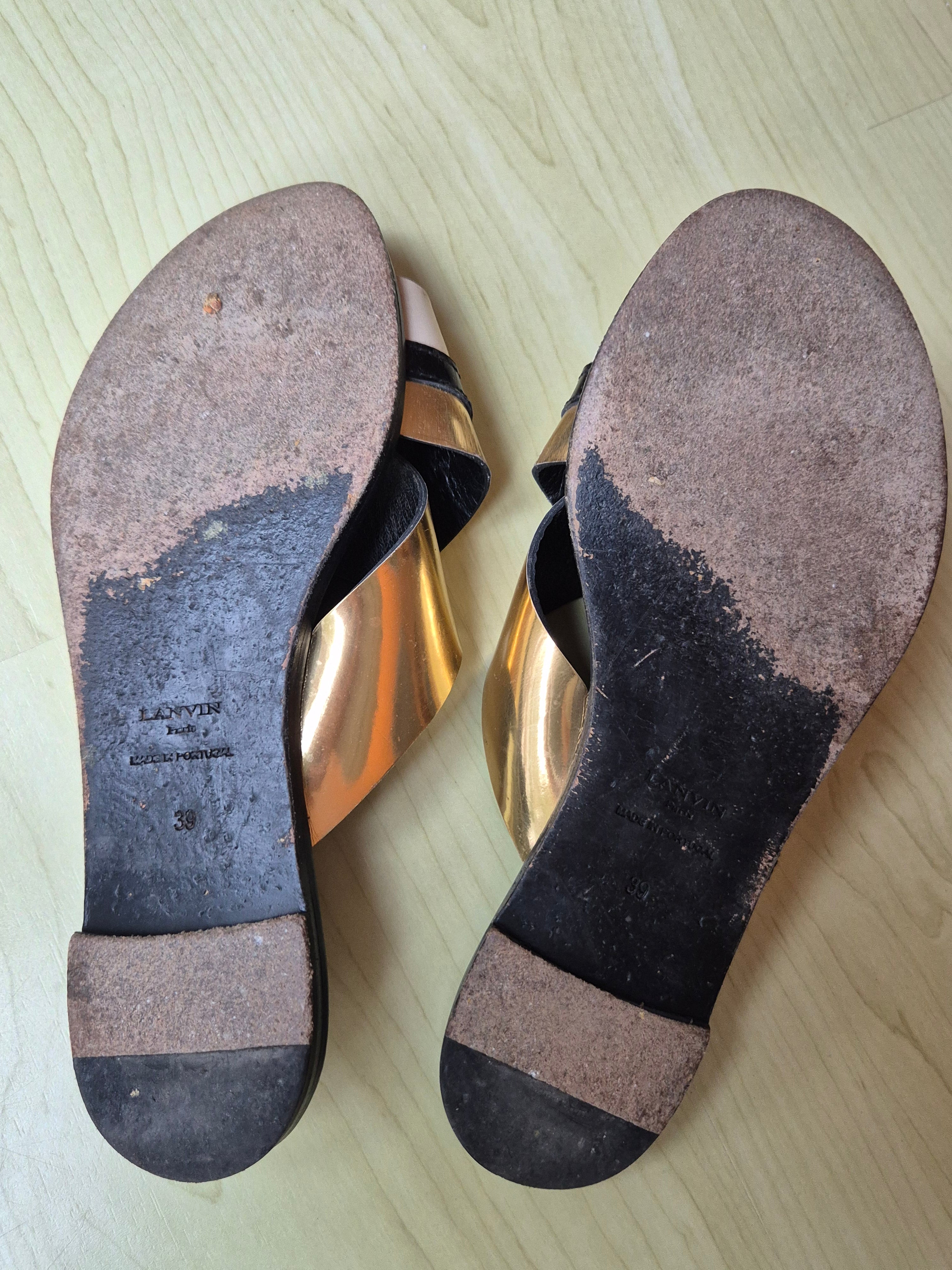 Lanvin Criss Cross Slide Sandals | Gold/Ivory Leather | EU 39 (US 9) | Used