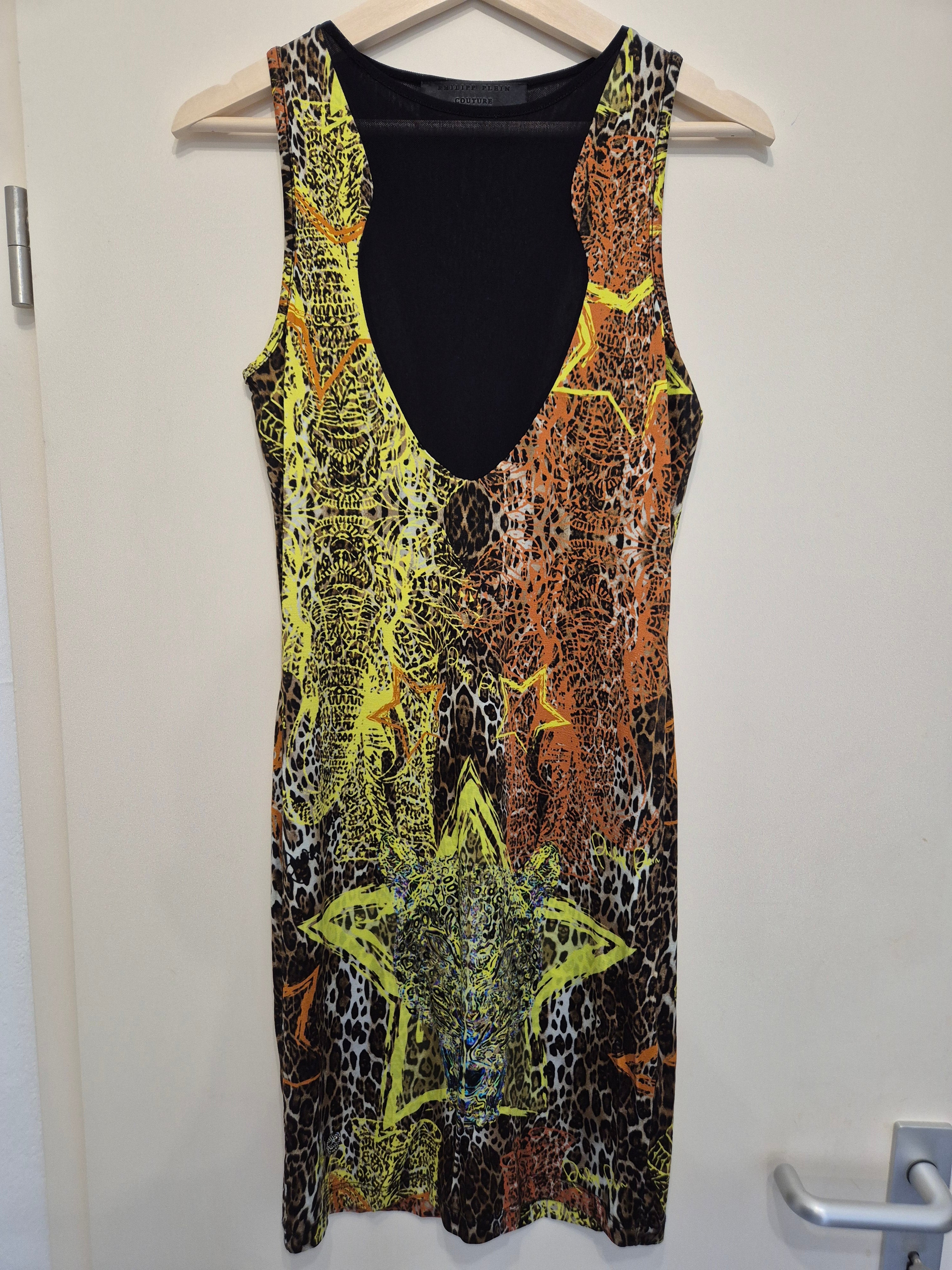 Philipp Plein Couture Bodycon Kleid S Leopard Neon Multicolor Wie Neu 85cm