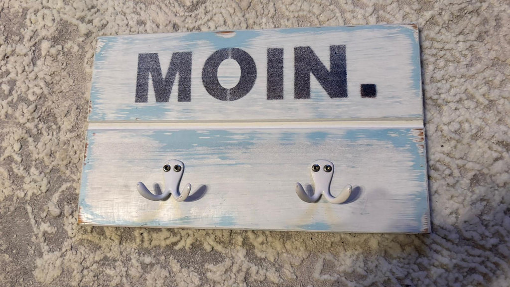 Maritime “MOIN.” Driftwood Wall Plaque, 2 Hooks, White/Blue, Small, Very Good
