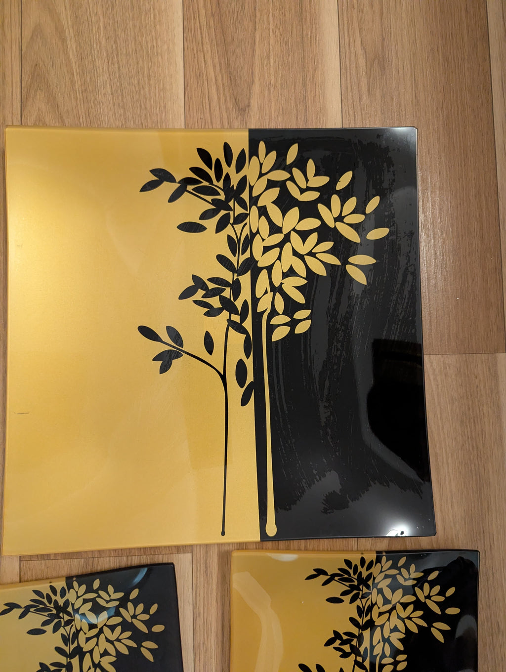 Crystal Glasplatten Set 4-tlg. Schwarz Gold, Quadrat, 30/20cm, Blattmotiv, Gut