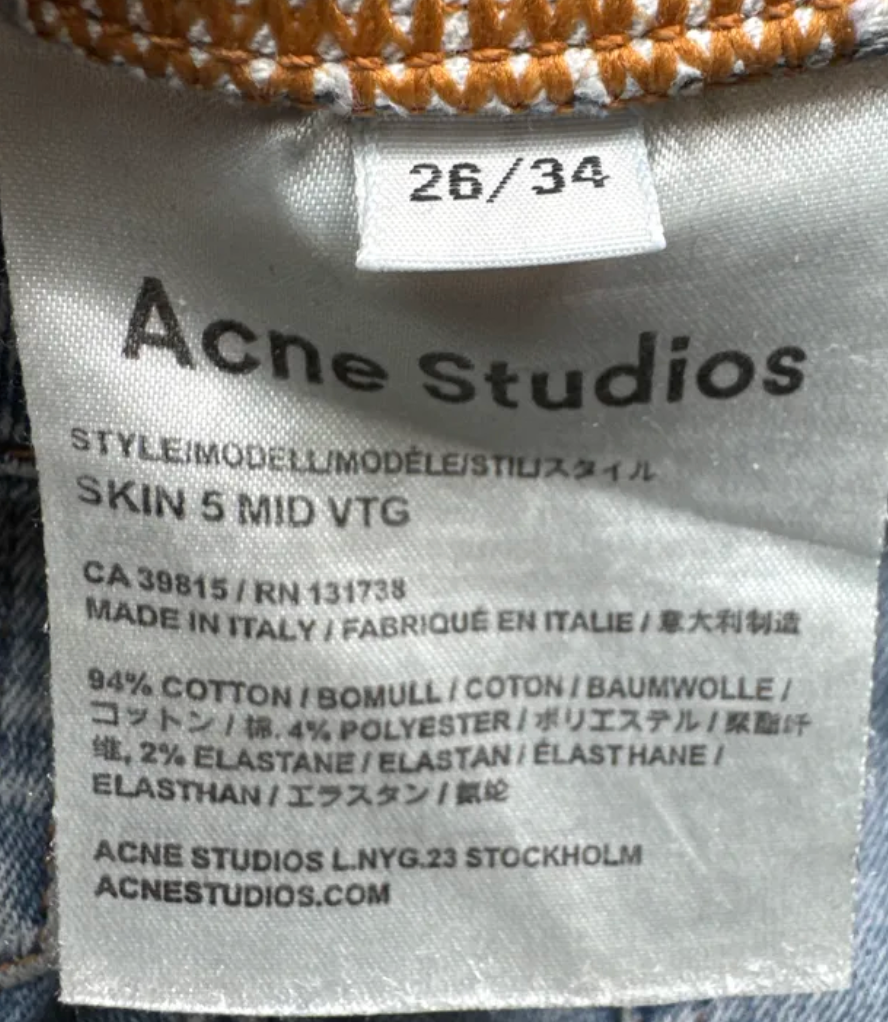 Acne Studios Skin 5 Mid VTG Damen Skinny Jeans Hellblau W26 L34, guter Zustand