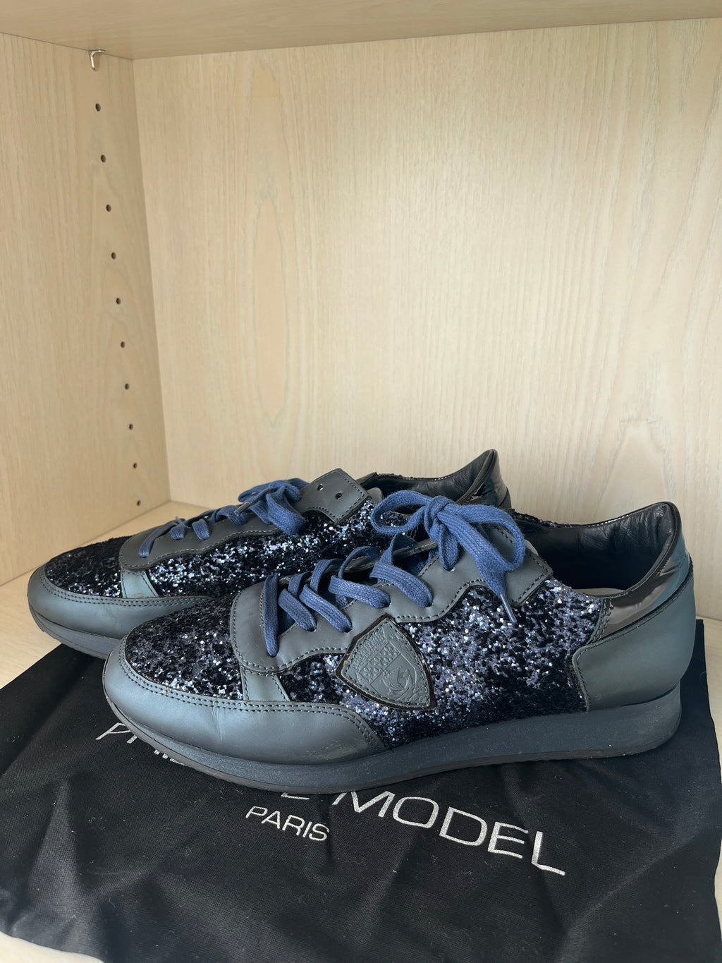 Philippe Model Paris Glitter Sneaker – Black/Silver, EU 40, Very Good Condition