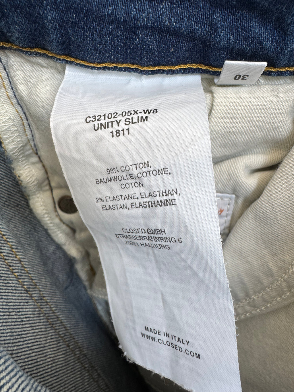 CLOSED Unity Slim Jeans W30 – blau, Stretch-Denim, Made in Italy, guter Zustand