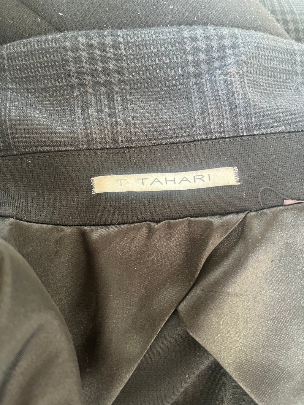 T TAHARI Damen Blazer Schwarz Kariert Ein-Knopf Größe M – Sehr Gut