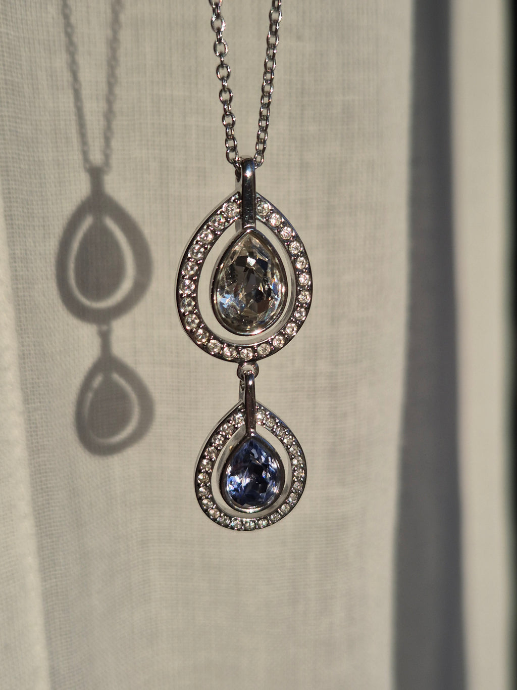 Swarovski Double Teardrop Necklace | Silver Tone, Purple & Aqua Crystals | Very Good