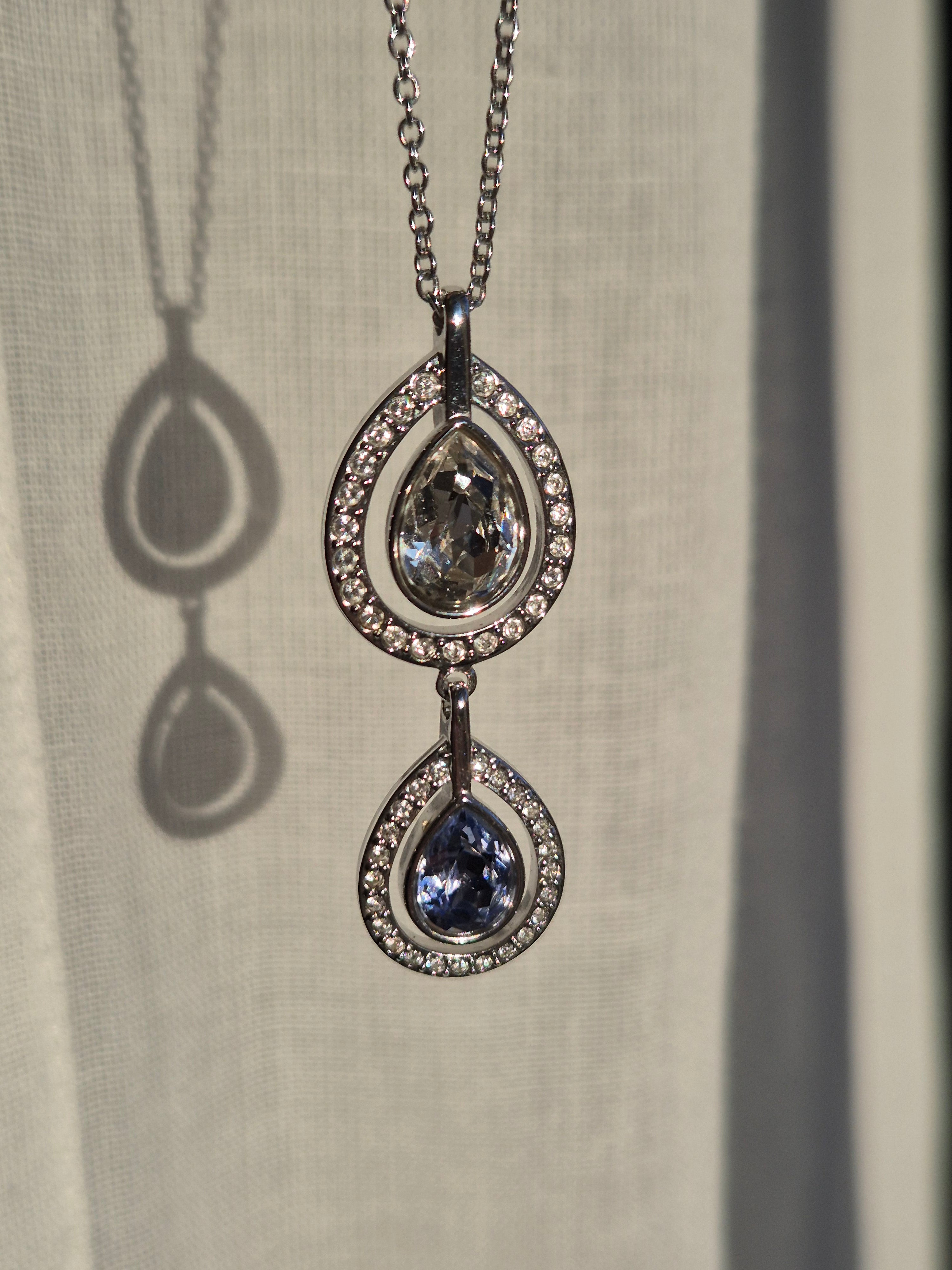 Swarovski Double Teardrop Necklace | Silver Tone, Purple & Aqua Crystals | Very Good
