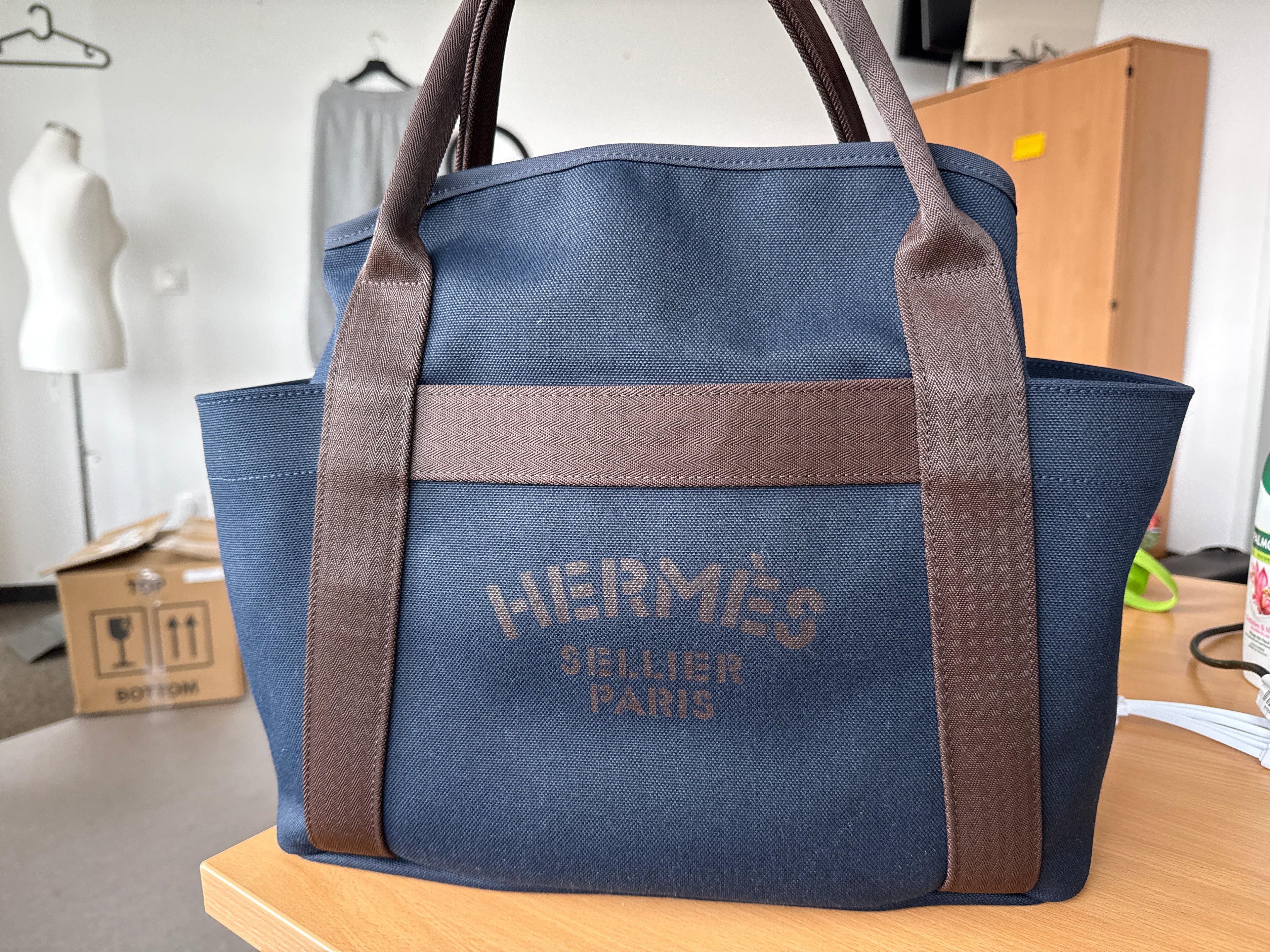 Hermès Sac de Pansage Groom Medium Canvas Navy/Braun mit Riemen, sehr gut