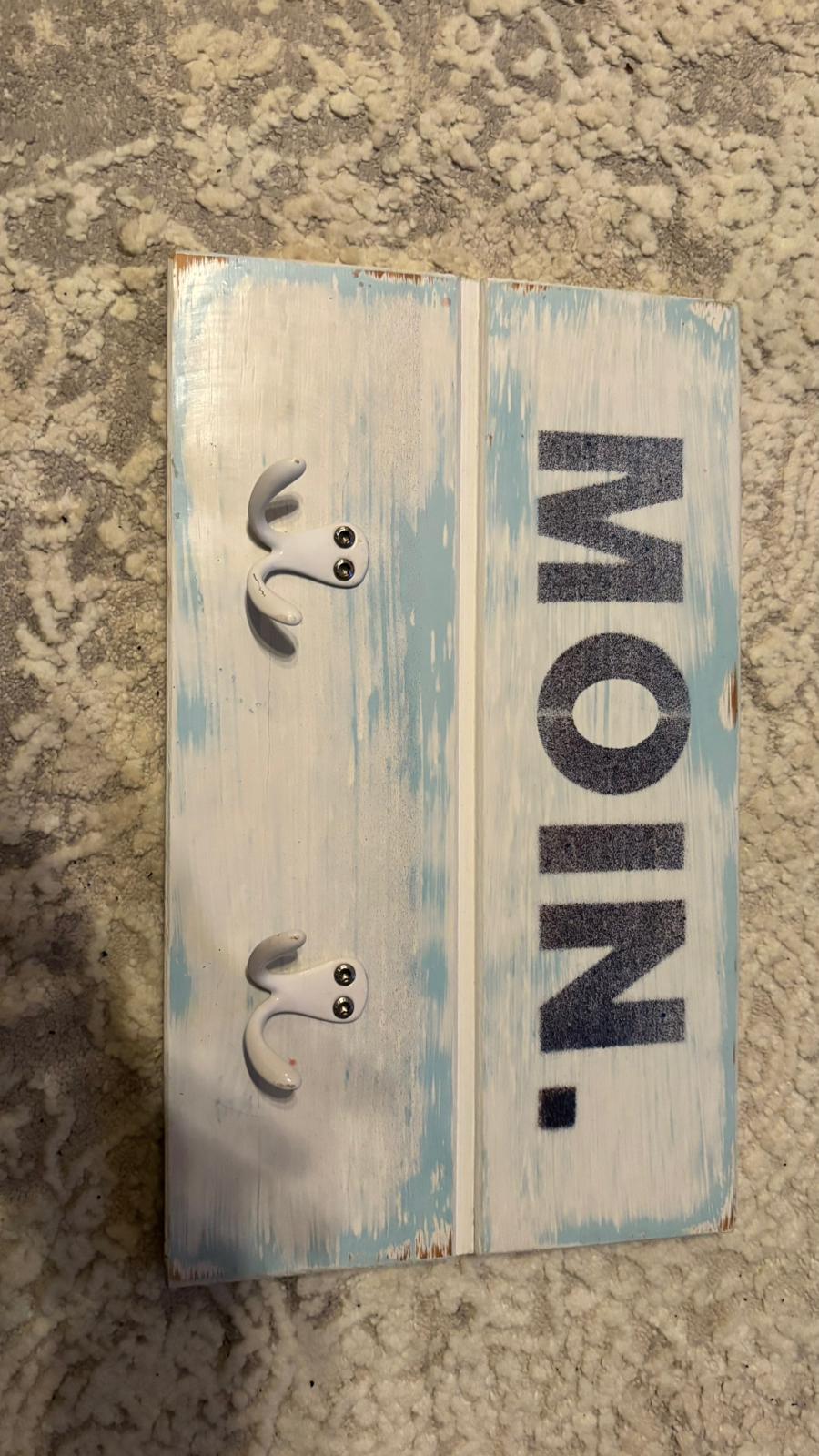Maritime “MOIN.” Driftwood Wall Plaque, 2 Hooks, White/Blue, Small, Very Good