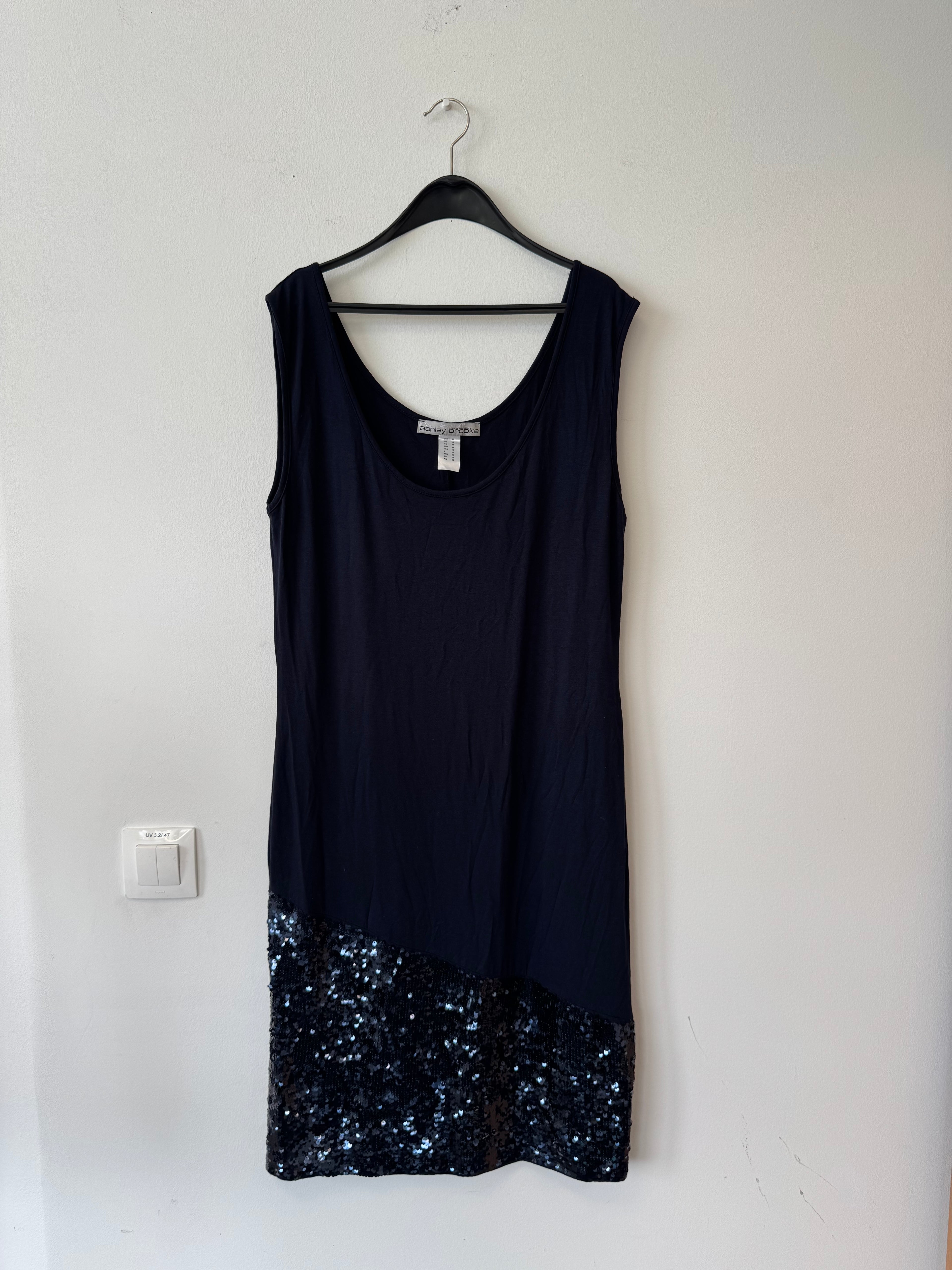 Ashley Brooke Cocktail Dress – Navy Blue, Chiffon & Sequins, Size 44, Very Good