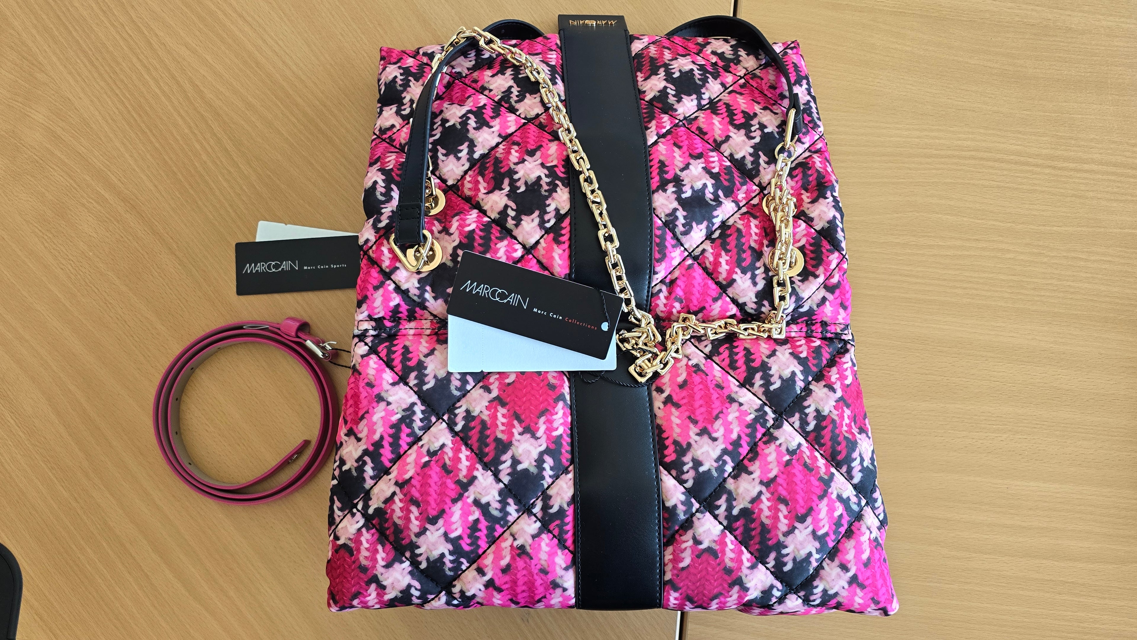 Marc Cain Tweed Chain-Flap Bag Pink/Schwarz, Wie Neu, mit Dustbag & Etiketten