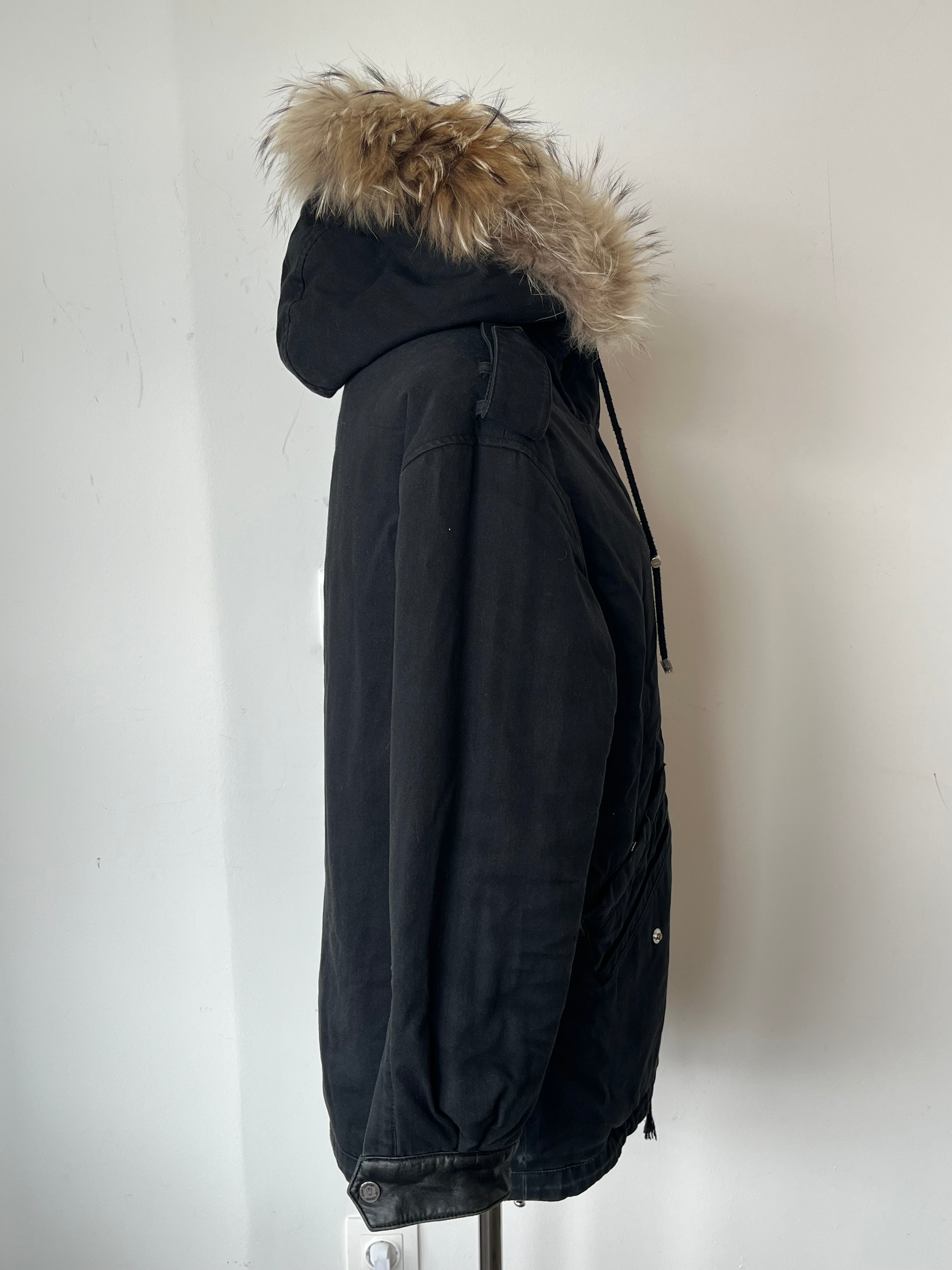 The Kooples Hooded Parka Black XS Cotton Blend Fur Trim Good Condition