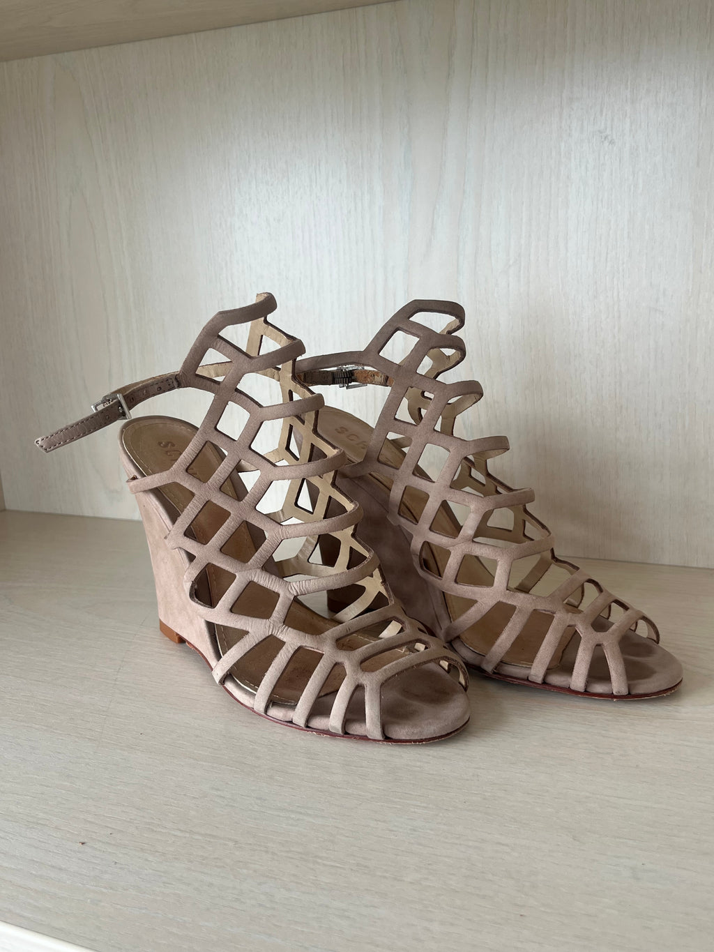 Schutz Caged Wedge Suede Sandals | Beige | EU 37 | Normal Use Condition