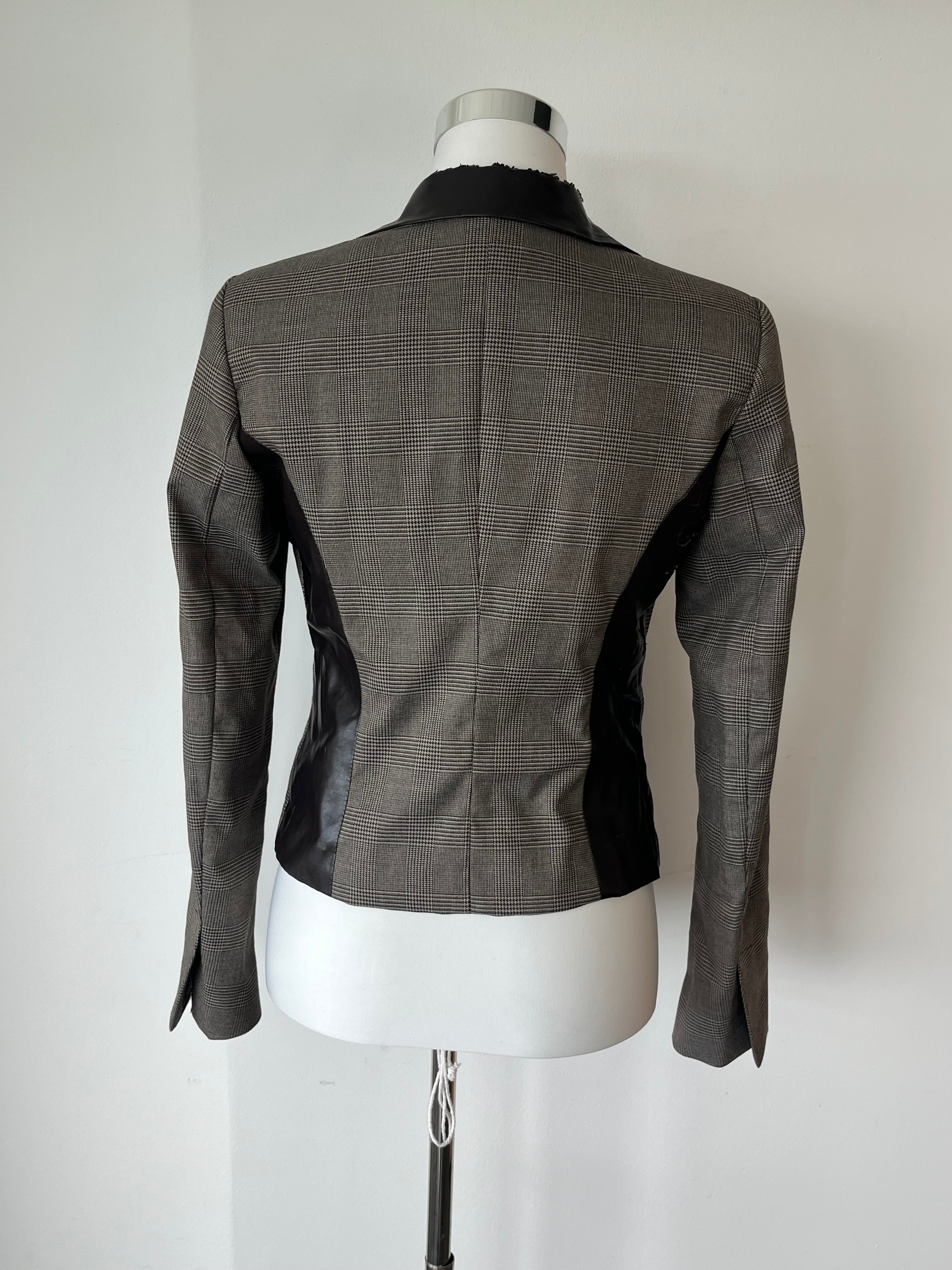 Sisley Blazer IT42 – Glencheck & Kunstleder, Zustand: Mangelhaft, Grau/Schwarz